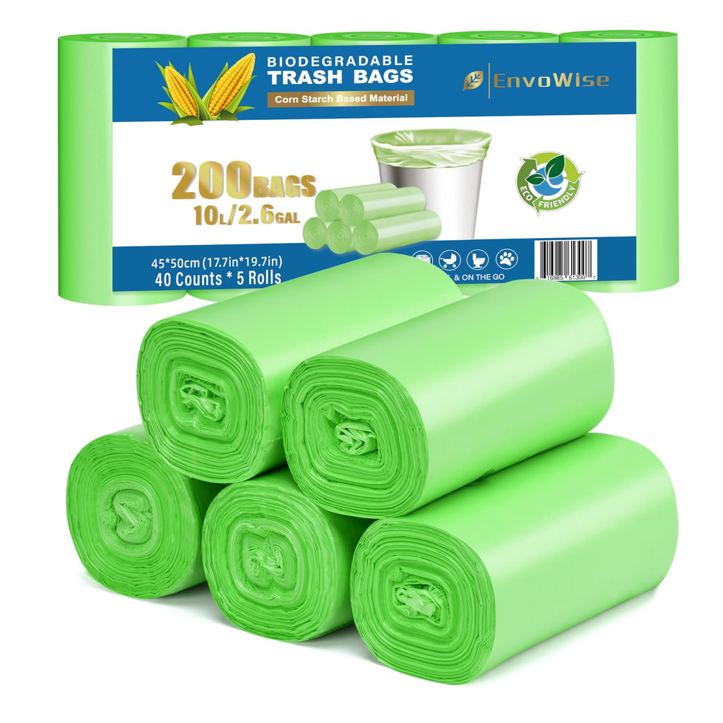 Biodegradable Small Trash Bags, 10L / 3 Gallon, 200 Count | Premium Thick Garbage Bags, Unscented Eco-Friendly Bin Liners for Kitchen, Bathroom, Office & Bedroom | EnvoWise Compostable Trash Bags