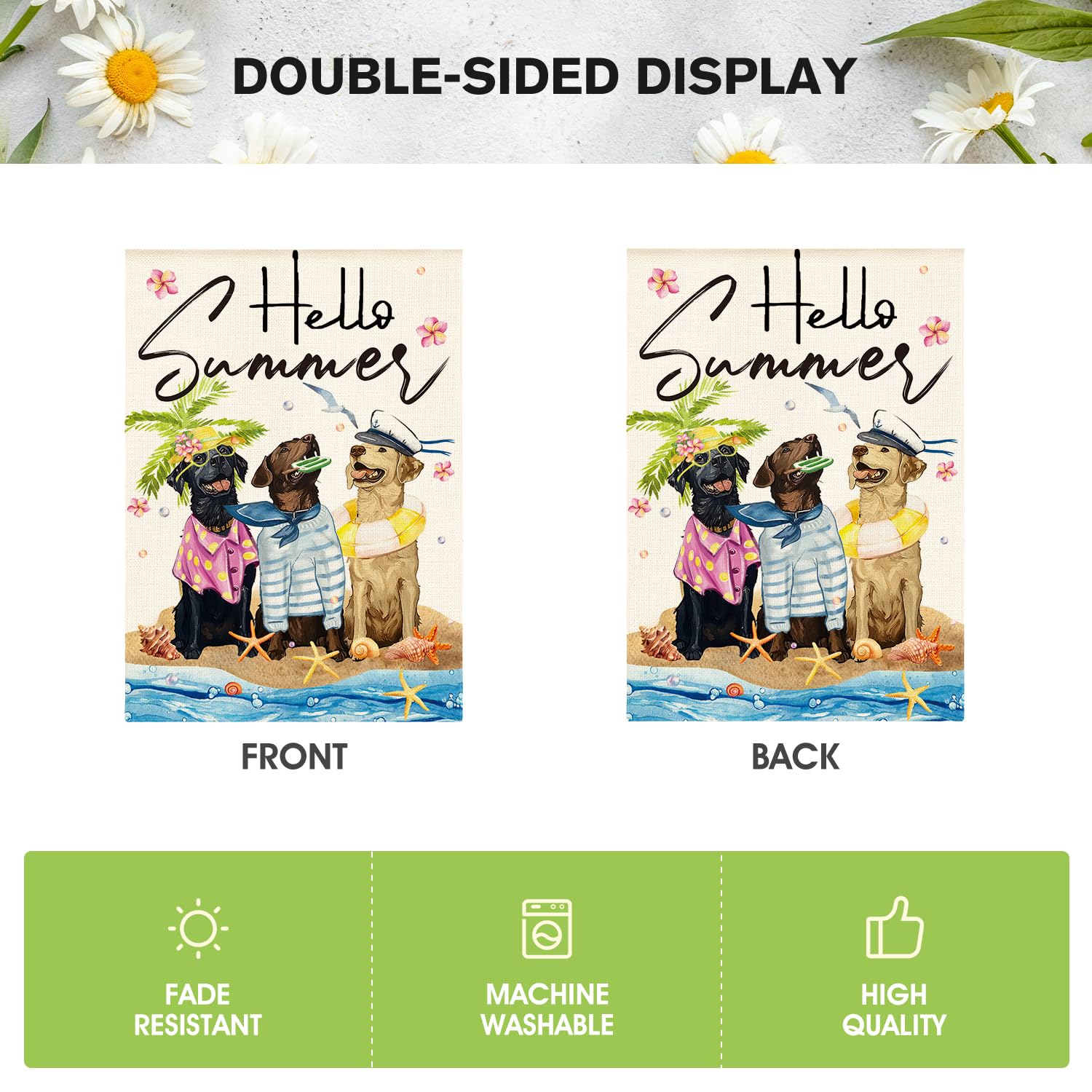 AVOIN colorlife Hello Summer Sea Beach Dogs House Flag 28x40 Inch Double Sided Outside, Floral Starfish Seasonal Holiday Yard Outdoor Decoration