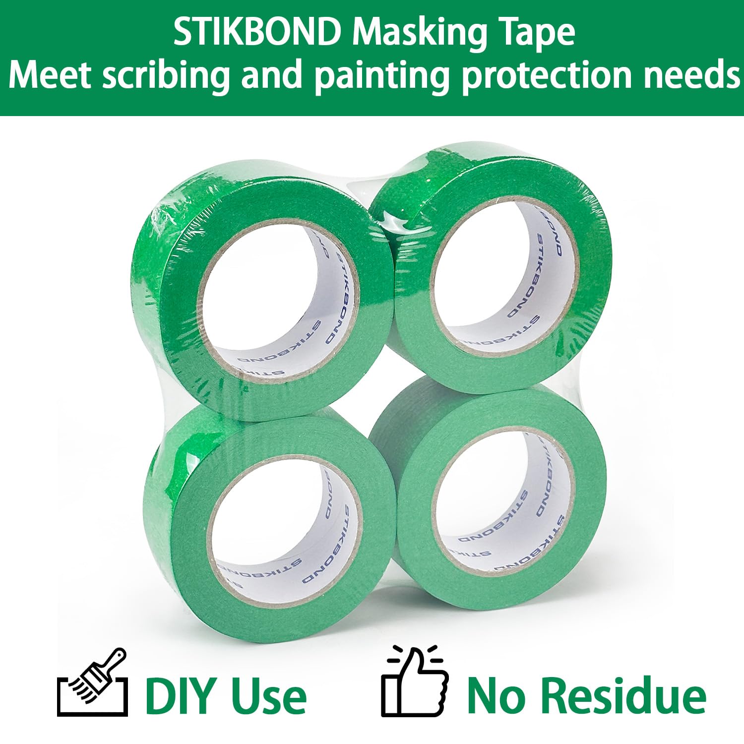 STIKBOND 4-Packs Green Painters Tape 2inch x 55 Yards (220 Total Yards), Medium Adhesive Green Masking Tape for wall Painting, Furniture Painting, DIY Handmade Decoration