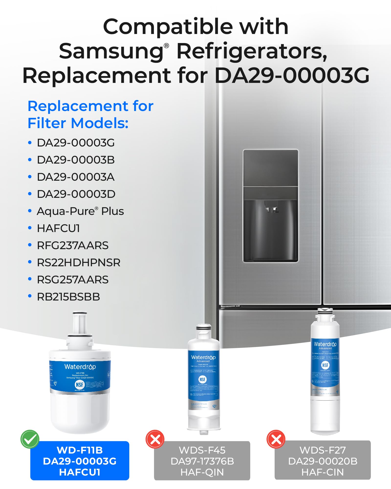 Waterdrop DA29-00003G Refrigerator Water Filter, Replacement for Samsung®, DA29-00003B, DA29-00003A, Aqua-Pure Plus, HAFCU1, RFG237AARS, FMS-1, RS22HDHPNSR, RSG257AARS, Pack of 3 (Package May Vary)