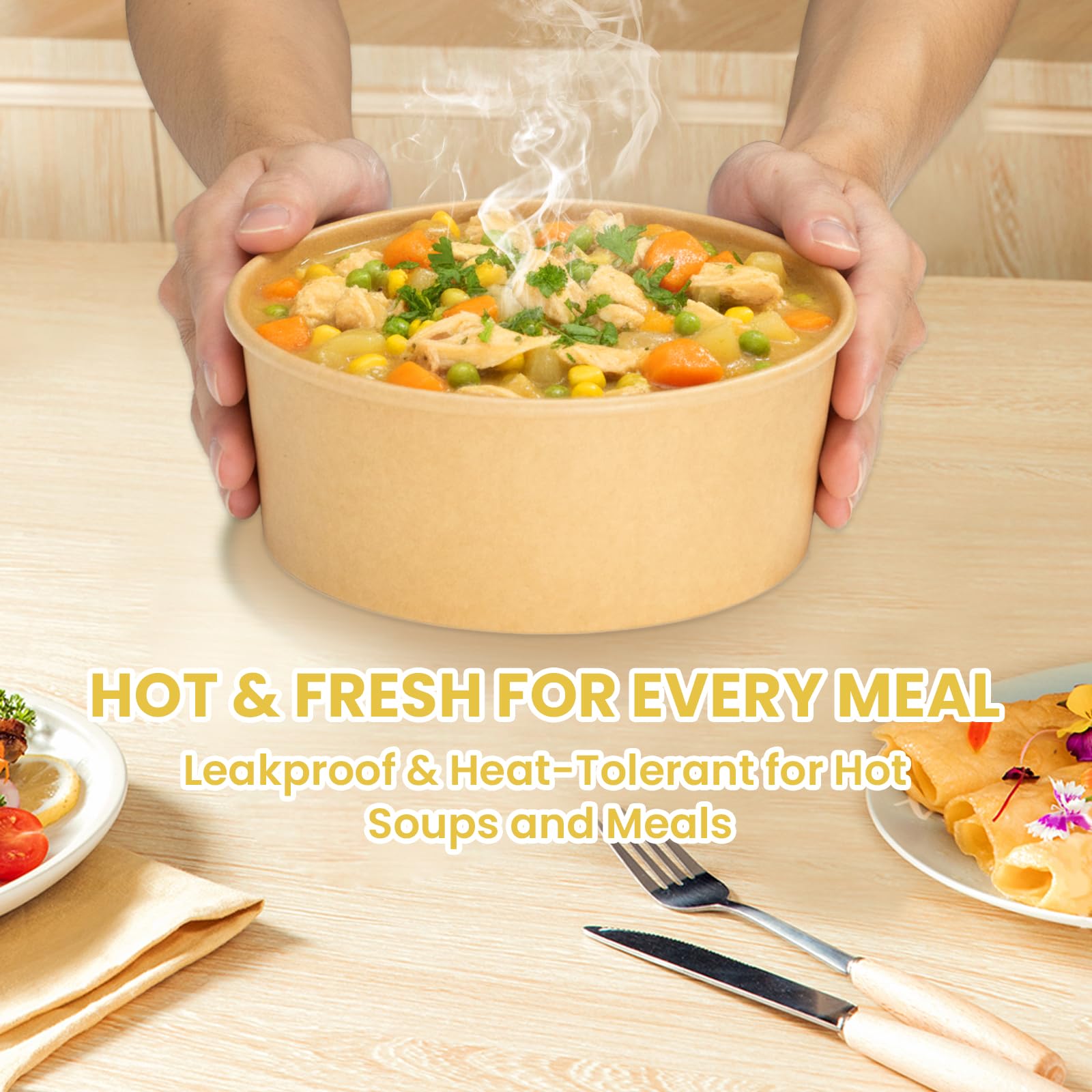 50 Count 36 oz Large Disposable Paper Bowls with Lids, Salad Containers for Lunch, Paper Meal Prep Containers for Hot & Cold Food, Soup, Ramen, Salad