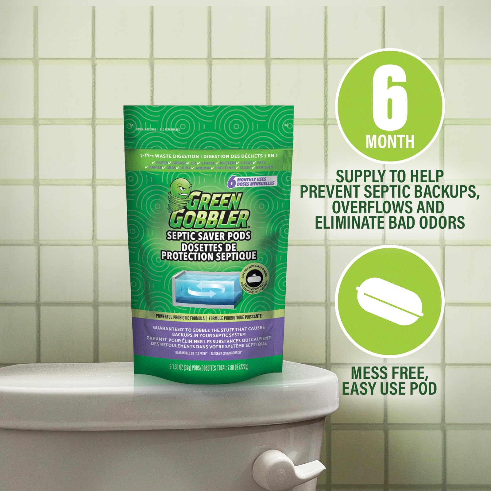 Green Gobbler Septic Saver Bacteria Enzyme Pacs | 6 Month Septic Tank Supply | Septic Tank Teatment Packets