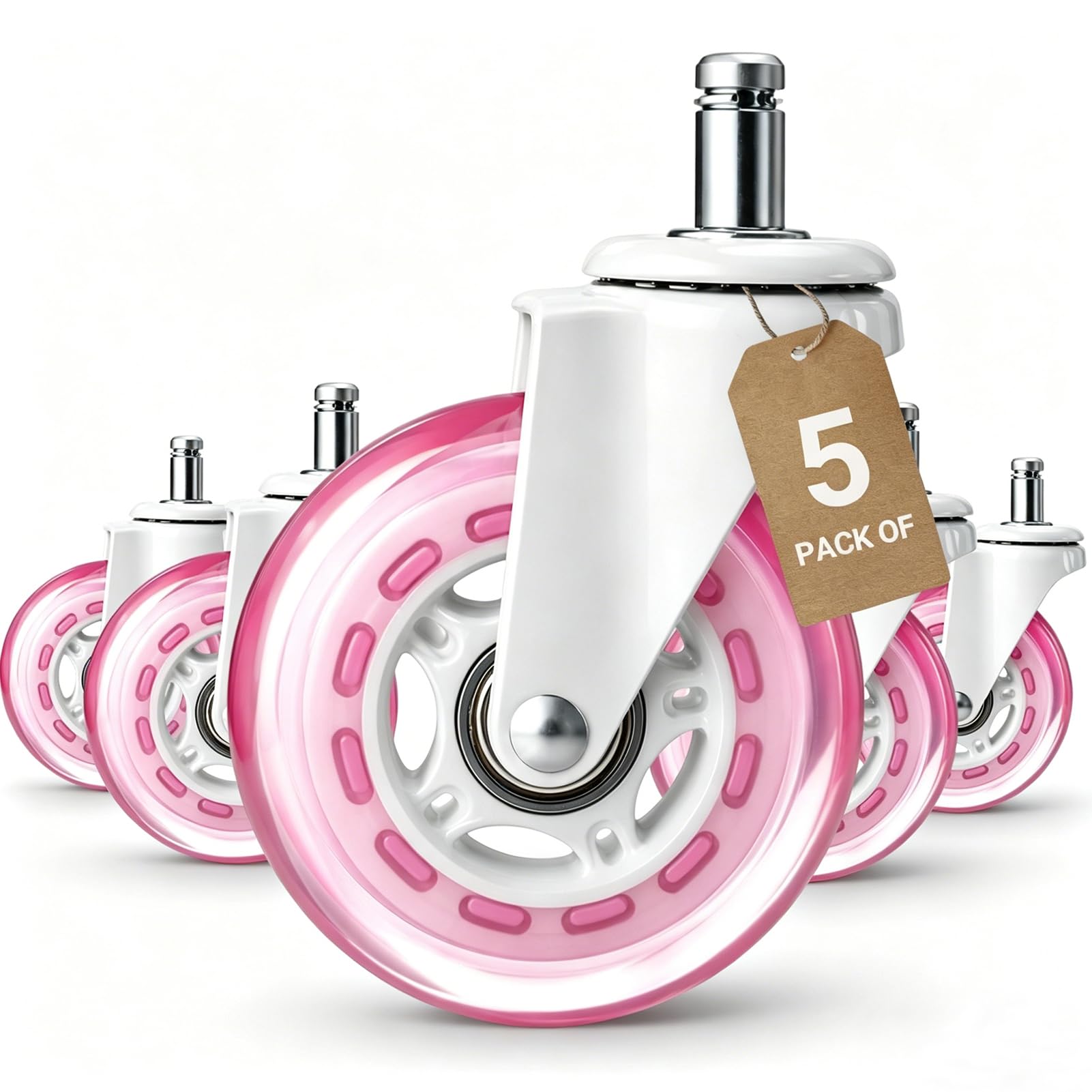 Pink Office Chair Caster Wheels Set of 5, 3 Inch Heavy-Duty Rubber Chair Casters Replacement, Computer Gaming Desk Caster Wheels Smooth Rolling for Hardwood Carpet Tile Floors, 11 * 22mm Universal fit