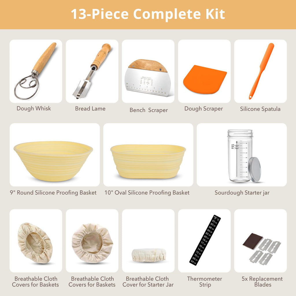 Sourdough Bread Starter Kit with 2 Silicone Proofing Baskets – Complete Sourdough Tools & Bread Making Accessories Set with 34oz Starter Jar, Dough Whisk, Scrapers, Bread Lame & More