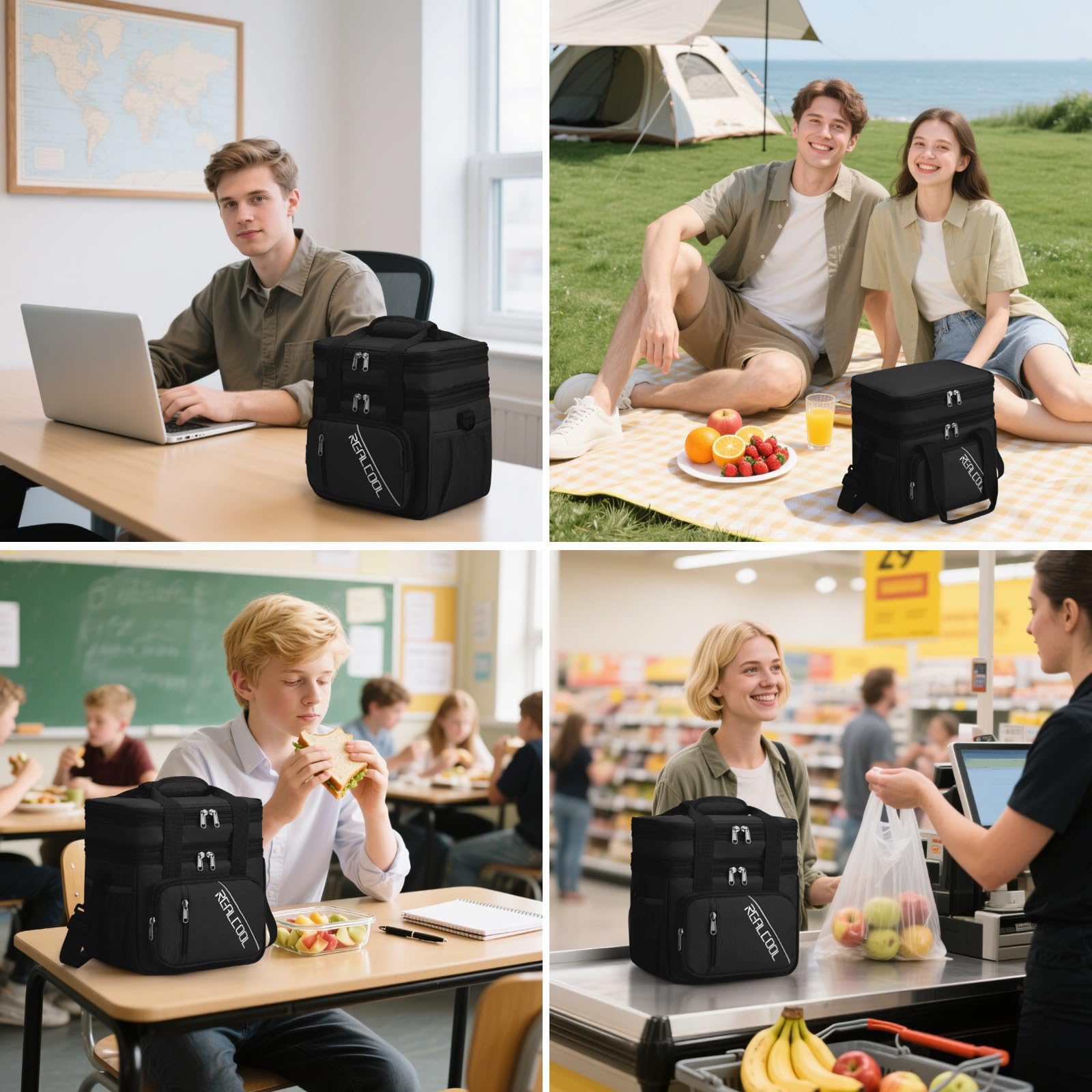 RealCool Lunch Bag, 15L Insulated Lunch Box for Men Women, Double Deck Leakproof Soft Cooler Bag with Adjustable Strap, Reusable Lunchbox for Work, Travel, Camping, Black