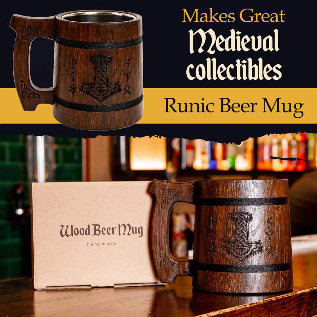 TESLYAR Beer Mug 600 ML - 20 OZ - Viking Mug - Tankard Mug - Beer Stein - Wooden Beer Mug - Handmade Gifts for Men | Fathers Day | Christmas | Birthday Gifts | Celtic Men Mugs - Thors Hammer
