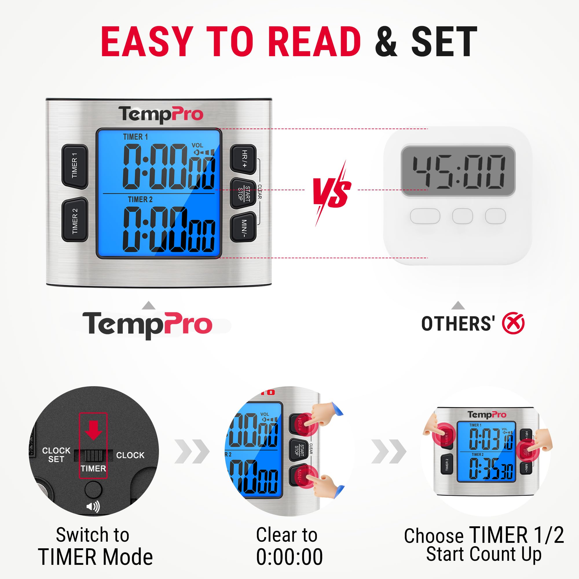 ThermoPro TM02 24 Hours Digital Timer with Dual Kitchen Timers for Cooking, Stop Watches Magnetic Timer Clock with Adjustable Alarm Volume & LCD Backlit Display, Classroom Timer for Kids & Teachers