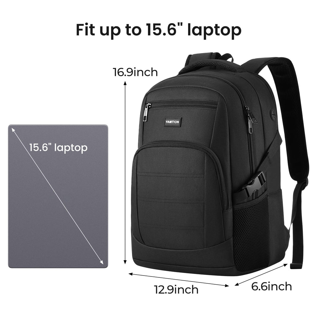 YAMTION Black Backpack for Men and Women, Laptop Backpack with USB Charging Port, School Backpack for Boys and Girls, Lightweight Bookbag, Work Backpack Fits 15.6 Inch Notebook