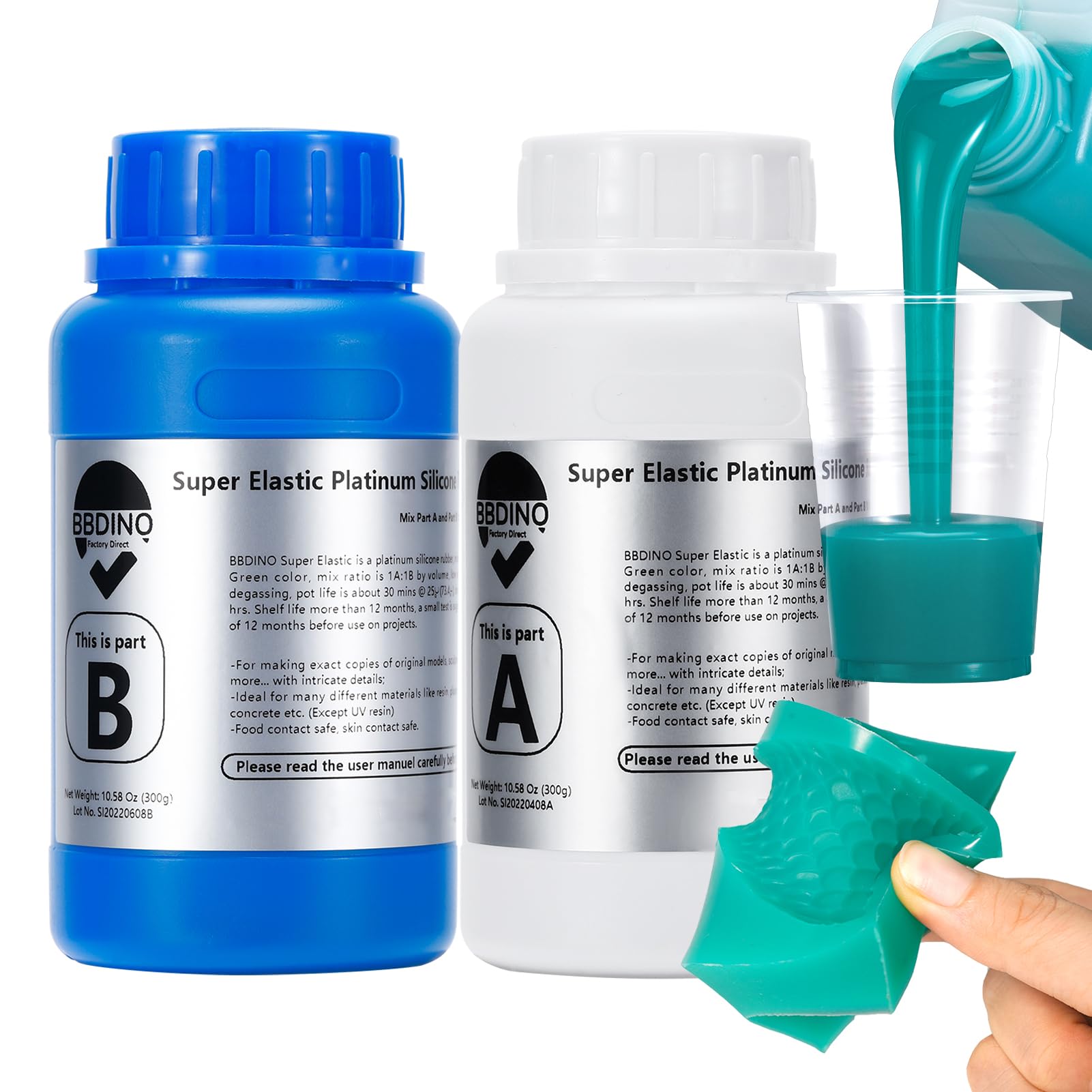 BBDINO Silicone Mold Making Kit, Super Elastic Liquid Silicone for Mold Making, N.W. 21.2 oz, 1:1 Mixing by Volume, Ideal for Casting 3D Silicon Molds| Food Molds, Jade Green
