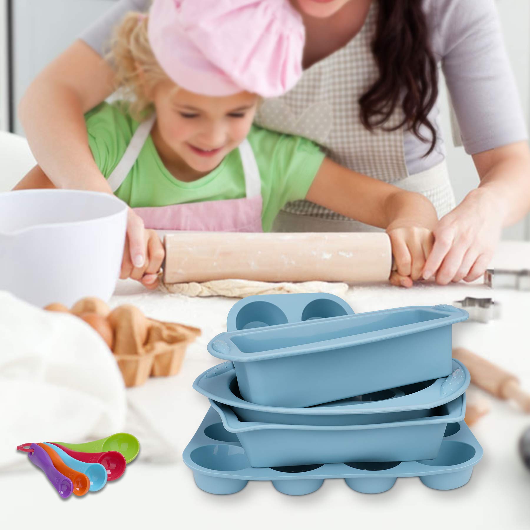 Economical 7in1 Nonstick Silicone Baking Cake Pan Cookie Sheet Molds Tray Set for Oven, Heat Resistant Bakeware Suppliers Tools Kit for Muffin Loaf Bread Pizza Cheesecake Cupcake Pie Utensil
