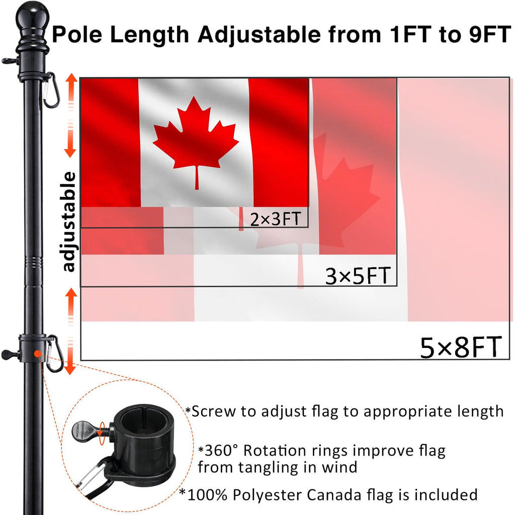 Ground Flag Poles for Outside House inground, 80 inch Black Heavy Duty Flag Pole Kit with 3x5ft Canada Flag, 2 Pronges Base and Tangle Free Flagpole Rings for Outdoor