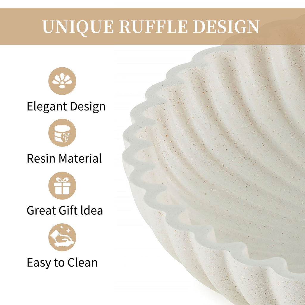 Hanobe Decorative Centerpiece Bowl Decor: Large Fruit Bowls for Home Dinning Kitchen Counter Resin Scalloped Ruffle Key Tray for Living Entryway Coffee Tables