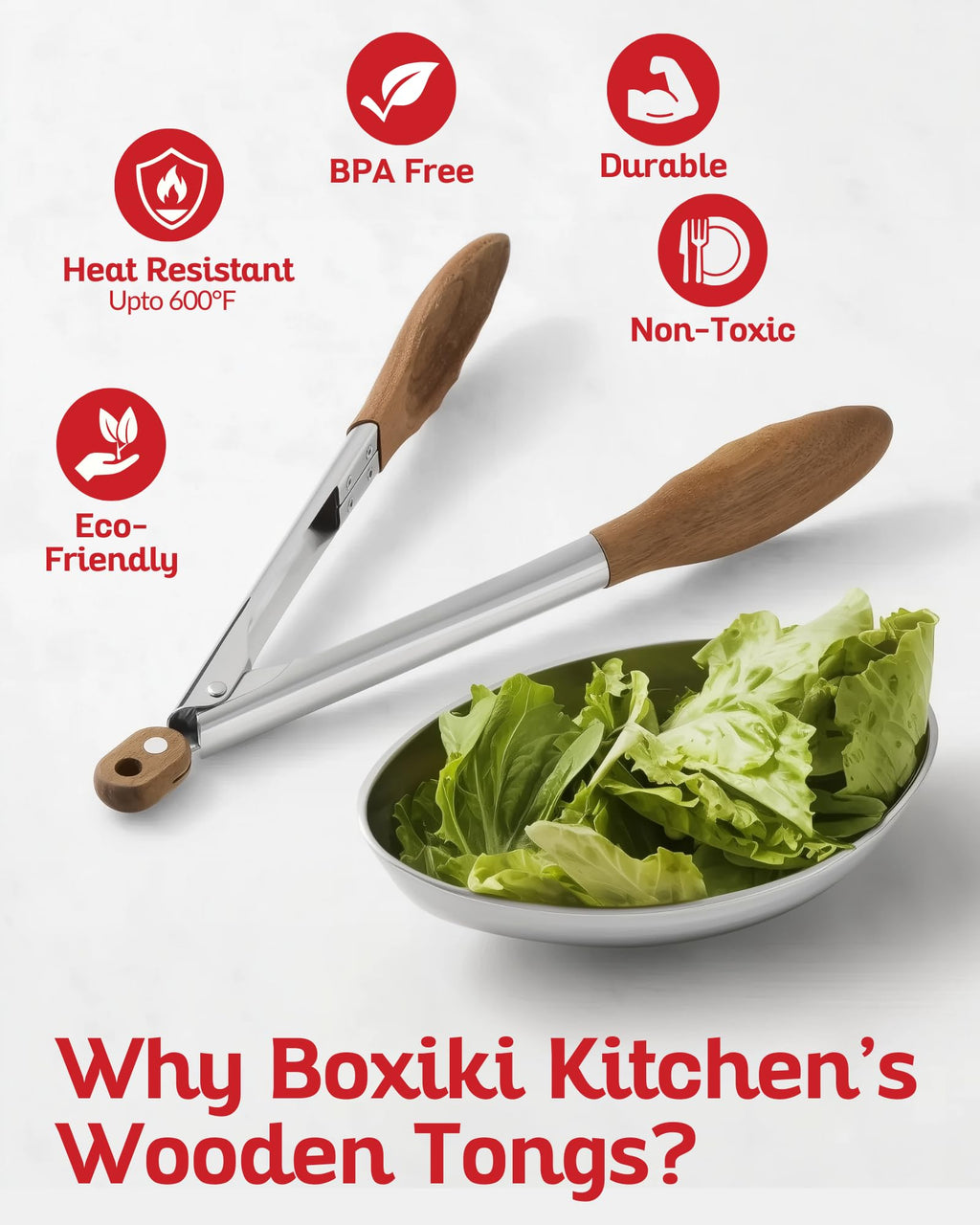 Wooden Tongs for Cooking 12 Inch - Natural Walnut Wood Salad Tongs for Serving, Non-Toxic BPA Free Kitchen Tongs, Heat Resistant Nonstick Safe Cooking Tongs with Stainless Steel