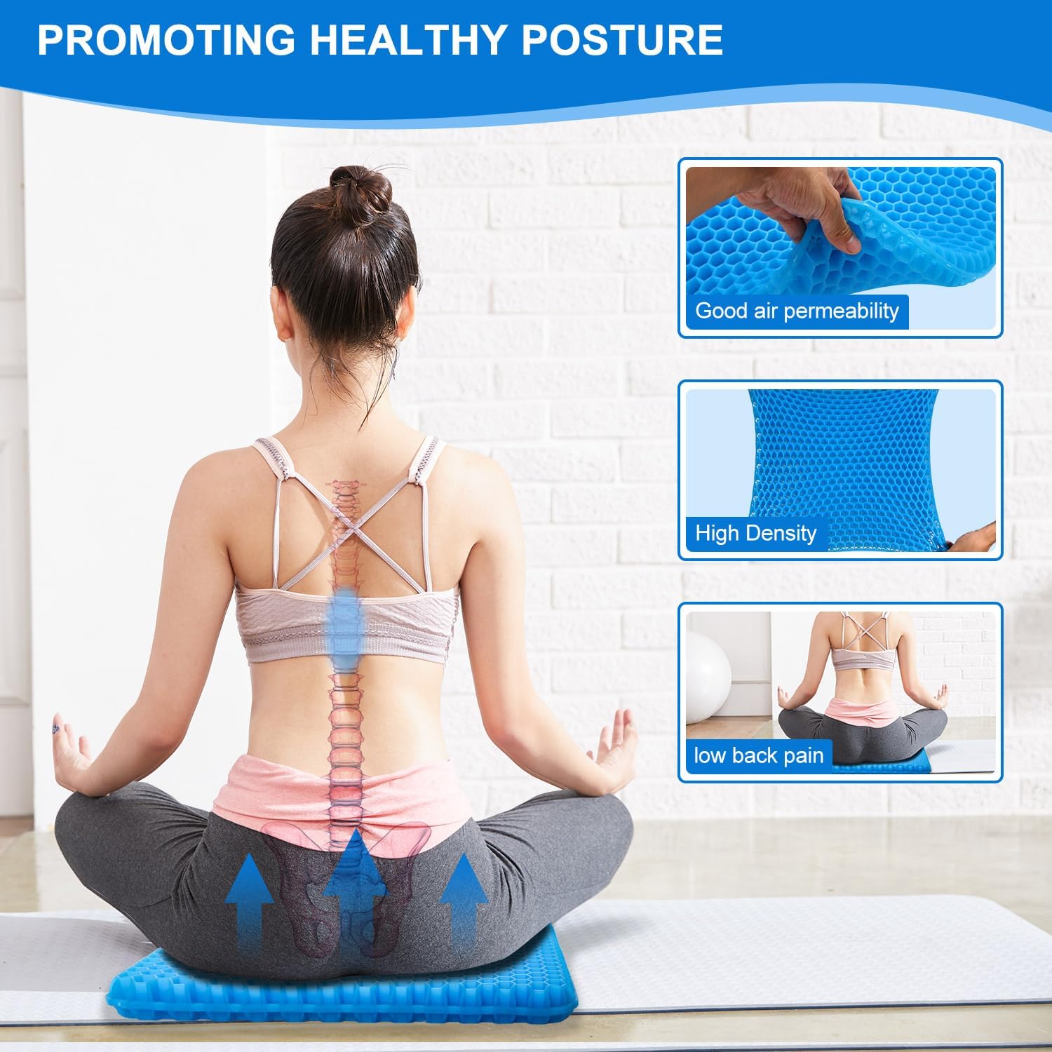 Gel Seat Cushion for Long Sitting with Non-Slip Cover,Soft & Breathable,Seat Cushion for Desk Chair,Wheelchair,Car,Office chair,stadium,airplane,blue support,air plane,bleacher,booster,sporting events