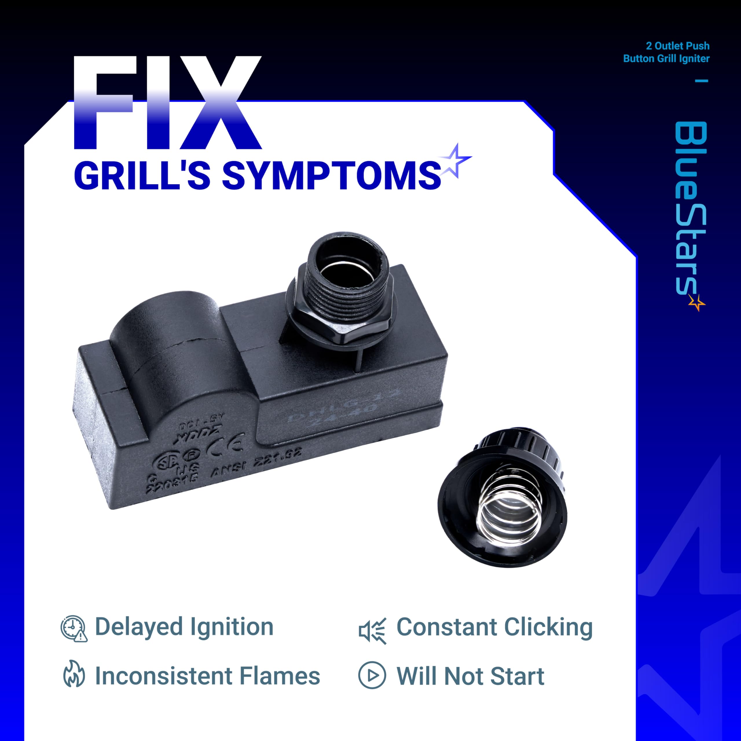 BlueStars DHLG-12 2 Outlet Push Button Grill Ignitor - Spark Generator for Broil King, Broil-Mate, Charbroil, Kenmore, Nexgrill, Jackson, Sterling, Perfect Flame Electronic Igniter
