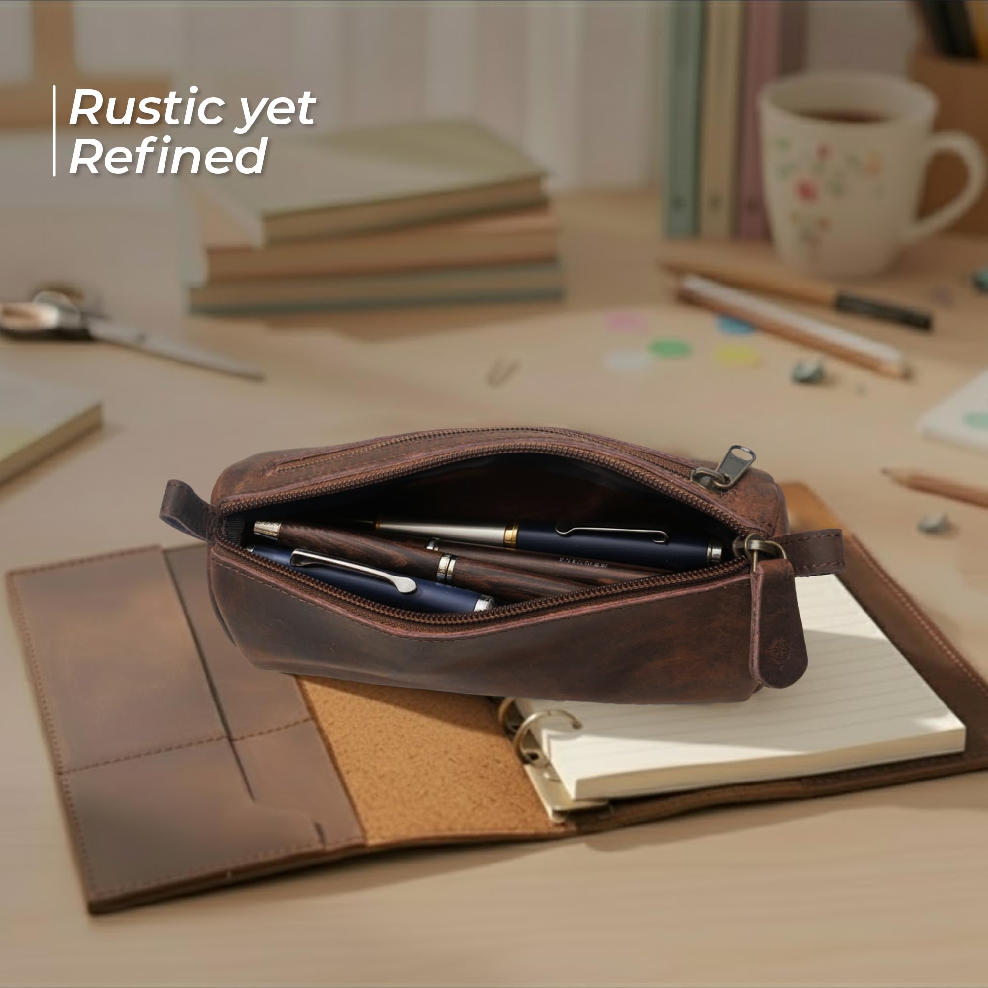 Wanderings Small Triangle Leather Pencil Pouch – 8.5" / 21.6 cm – Handcrafted Full-Grain Leather Zipper Case – Compact Brown and Stylish Pencil Case for Artists, Travel Makeup, Jewelry, and Purse Bag