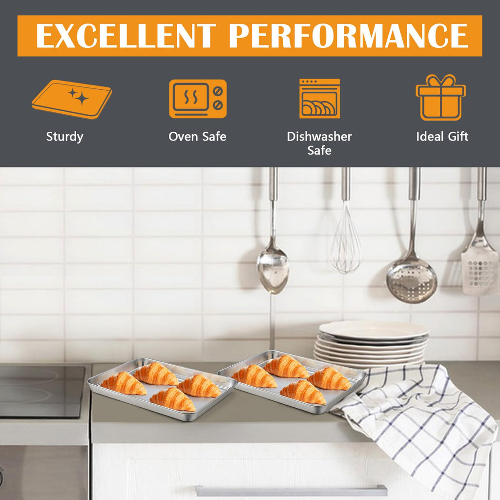 9 Inch Baking Sheet Pan Set (2Pcs), Joyfair Stainless Steel Cookie Sheets, Commercial Metal Pans Toaster Oven Tray Bakeware for Jelly Roll/Bread/Bacon, Heavy Gauge, Rust-free & Dishwasher Safe