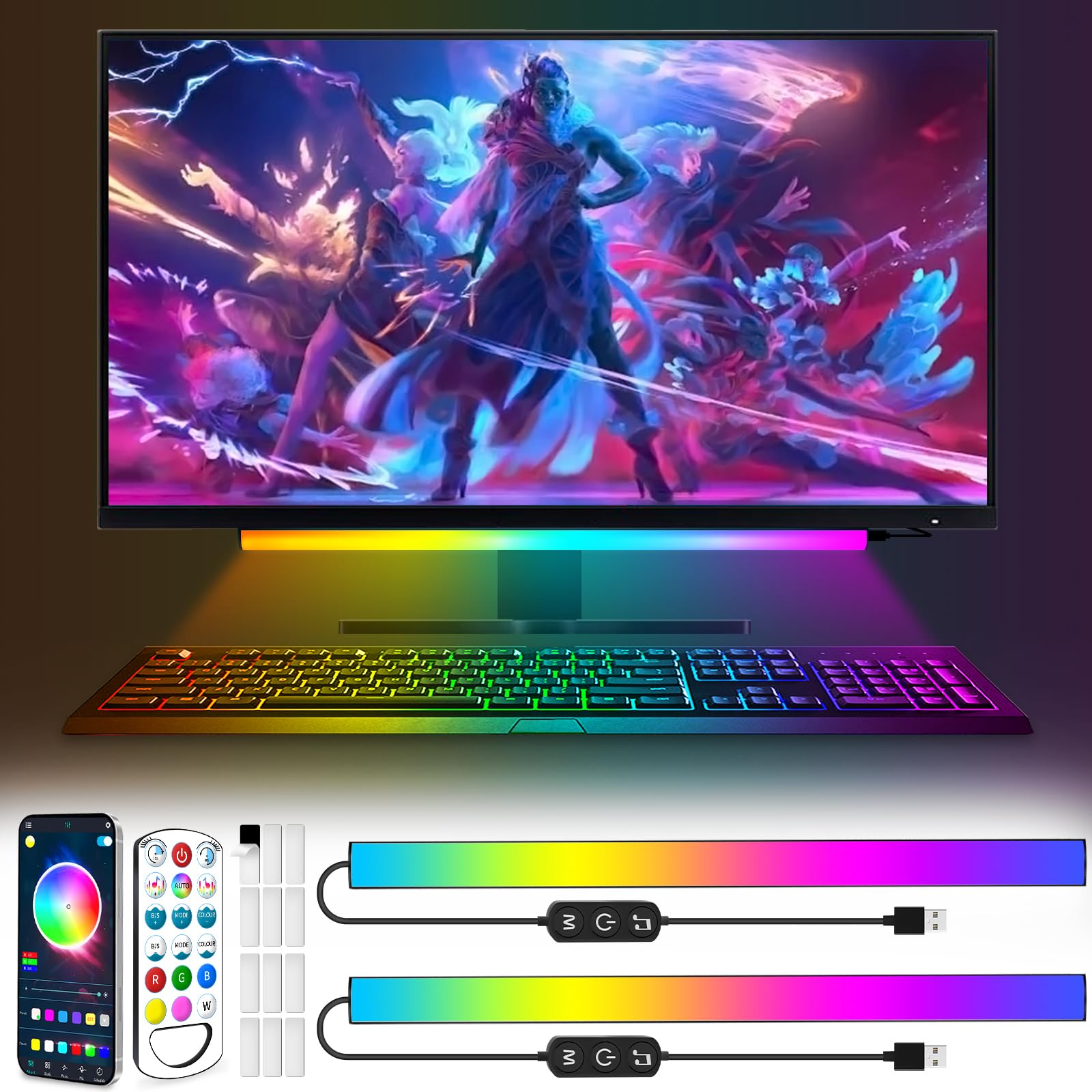 Under Monitor RGB Screen Bar, Dimmable LED Dynamic Rainbow Effect, Adjustable Brightness, Speed and Music, Remote Control Color Change, for Game Room (2pc)