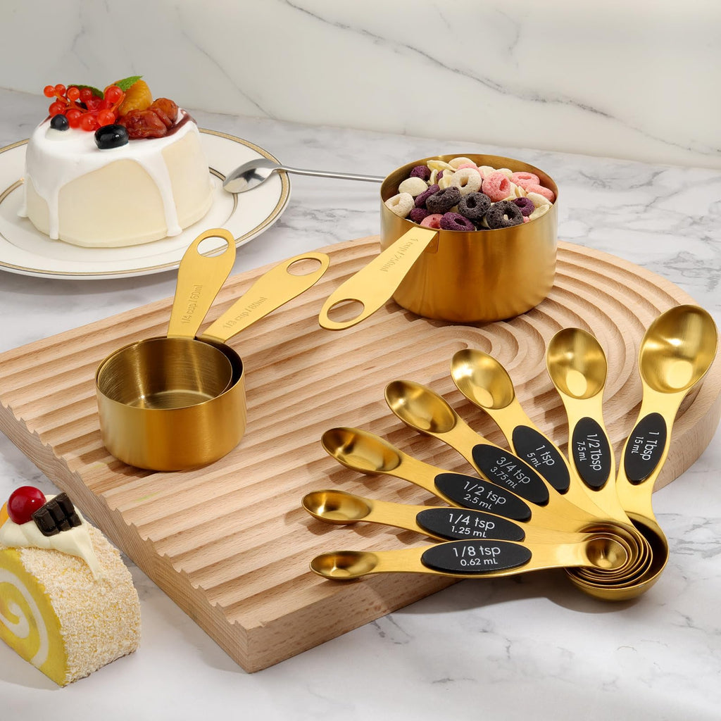 GuDoQi Gold Magnetic Measuring Spoons and Cups Set of 12, 8 Dual Sided Magnetic Measuring Spoons Set with Leveler, 4 Measuring Cups, Premium Stainless Steel, Measuring for Liquid and Dry Ingredients