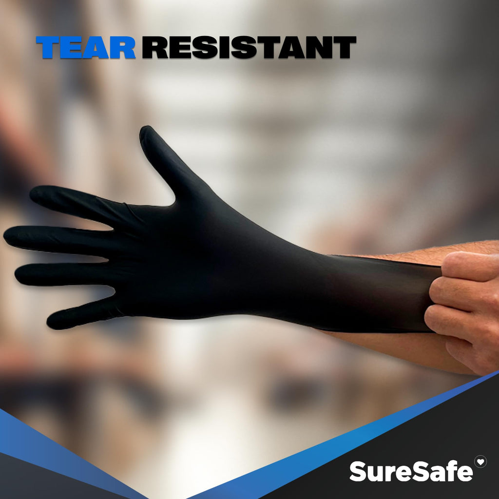 [100 Pack] SURESAFE 6 Mil Black Nitrile Gloves Large, Heavy Duty Mechanics Gloves Men, Powder & Latex Free, Texture Fingertips, For Work, Mechanics, Food Prep, Cooking, Tattoo, Butcher