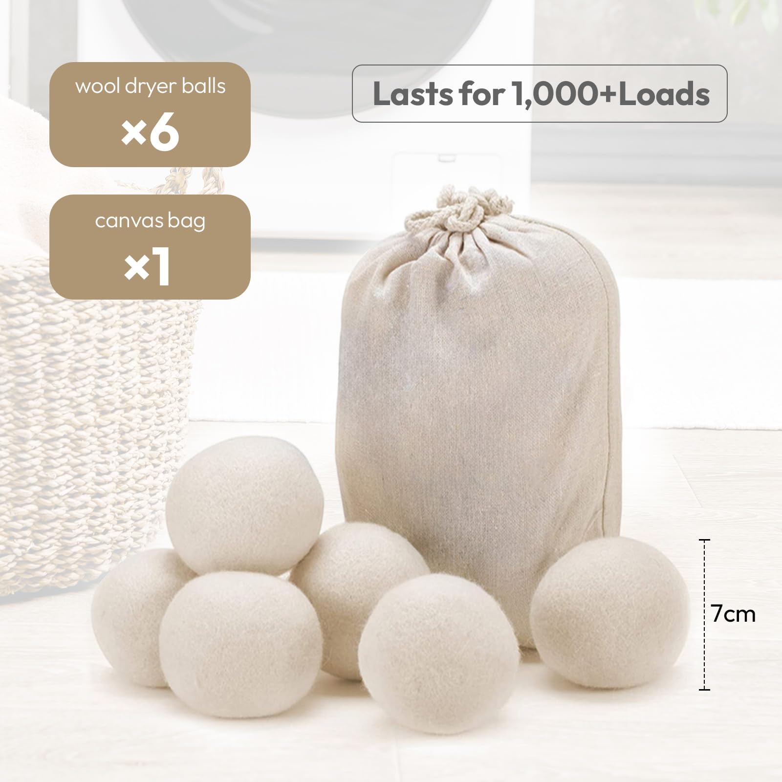 Wool Dryer Balls 6-Pack - Organic New Zealand Wool, XL Handmade Fabric Softener, Reduces Drying Time and Wrinkles, Eco-Friendly Reusable Laundry Solution