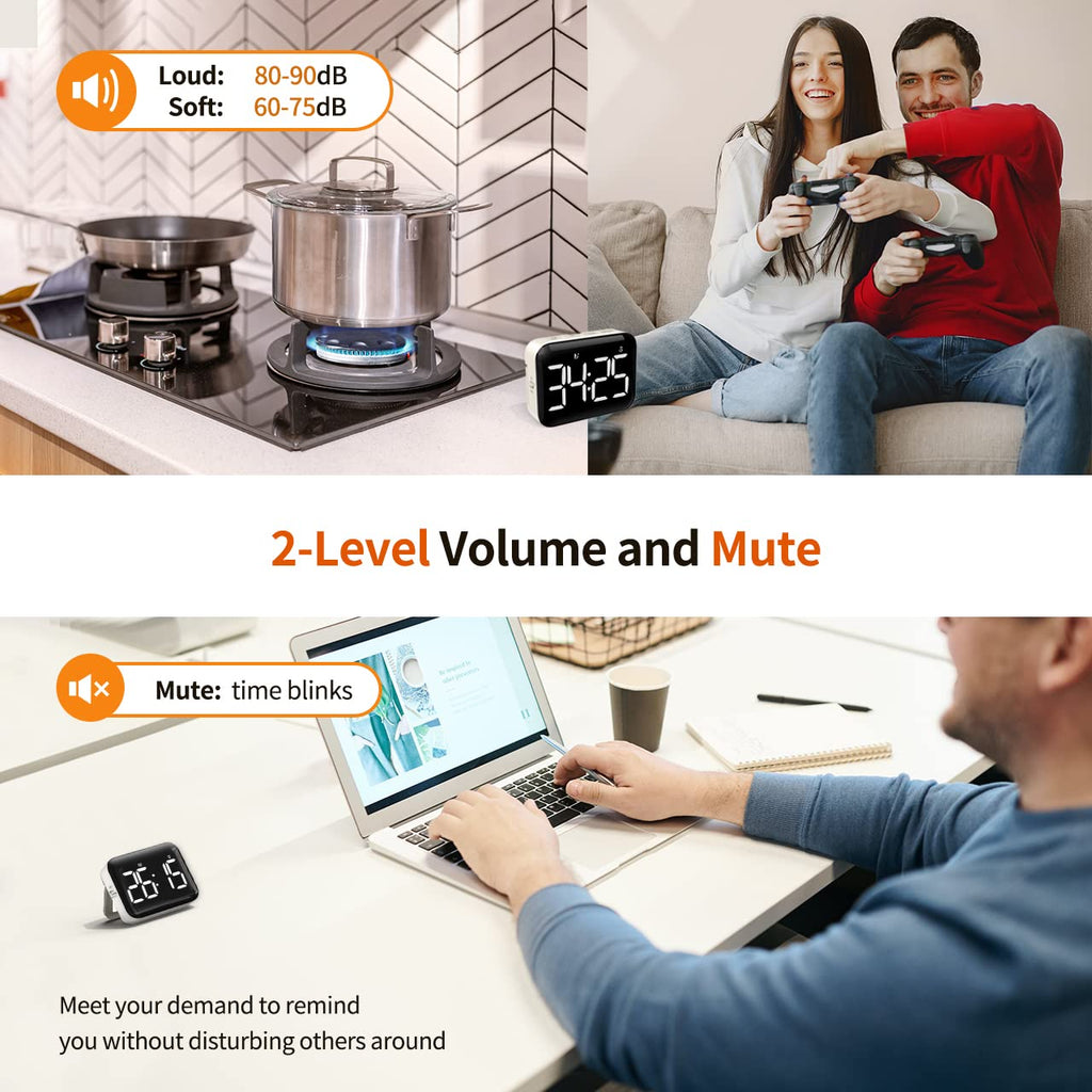 VOCOO Magnetic Kitchen Timer for Cooking with Count Up Countdown, Digital Timer Battery Powered with Large Display, 2 Brightness and Volume Levels for Classroom, Teacher, Kids (White)