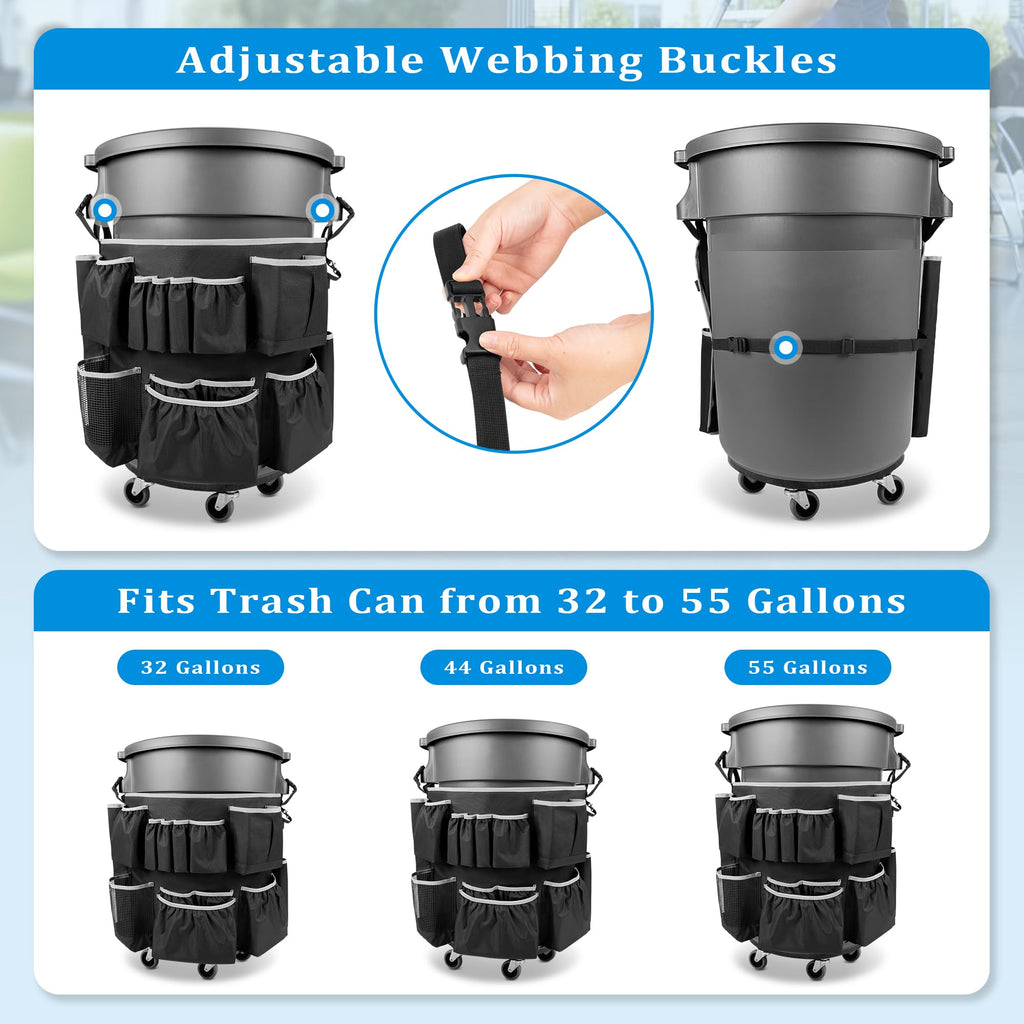 HODRANT Trash Can Caddy Bag Fit 32-55 Gallon Garbage Bin, Cleaning Caddy Bag with Adjustable Buckle for Industrial Trash Can, 13 Pockets Tool Organizer for Cleaning Supplies, Gray Edge