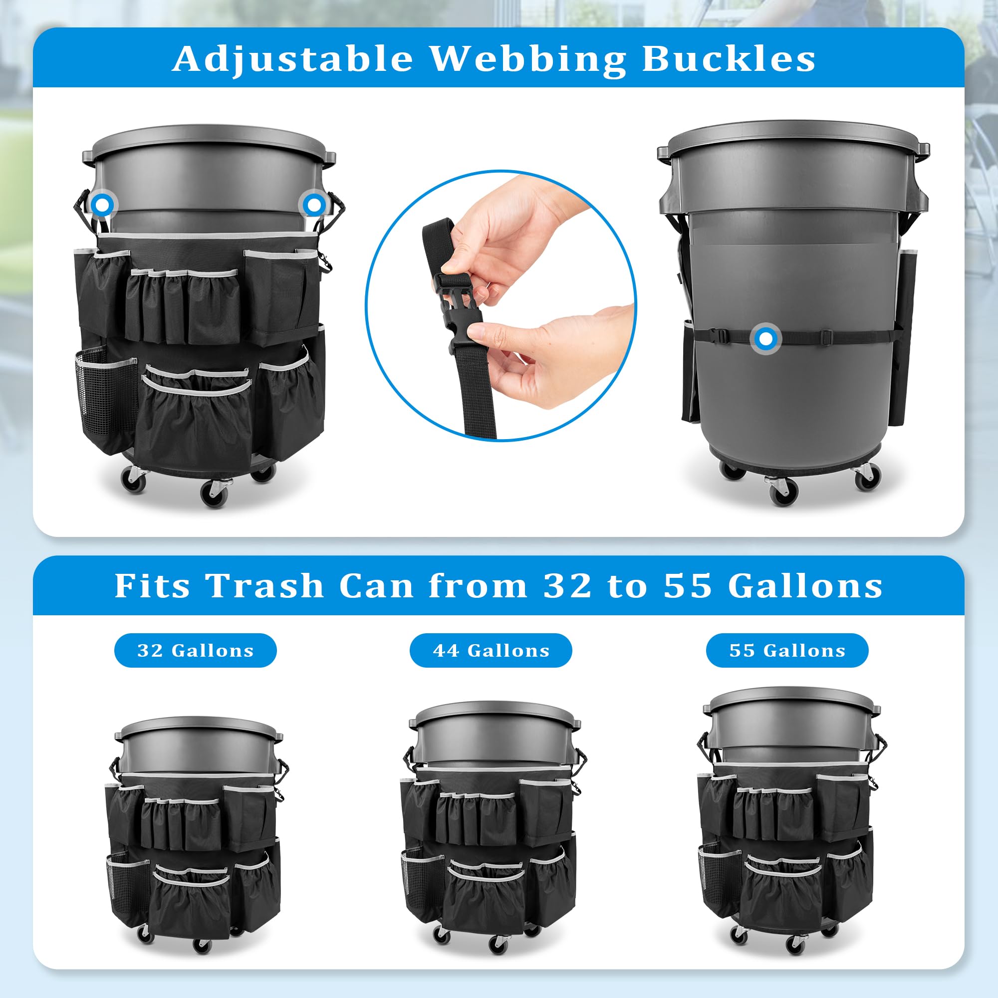 HODRANT Trash Can Caddy Bag Fit 32-55 Gallon Garbage Bin, Cleaning Caddy Bag with Adjustable Buckle for Industrial Trash Can, 13 Pockets Tool Organizer for Cleaning Supplies, Gray Edge