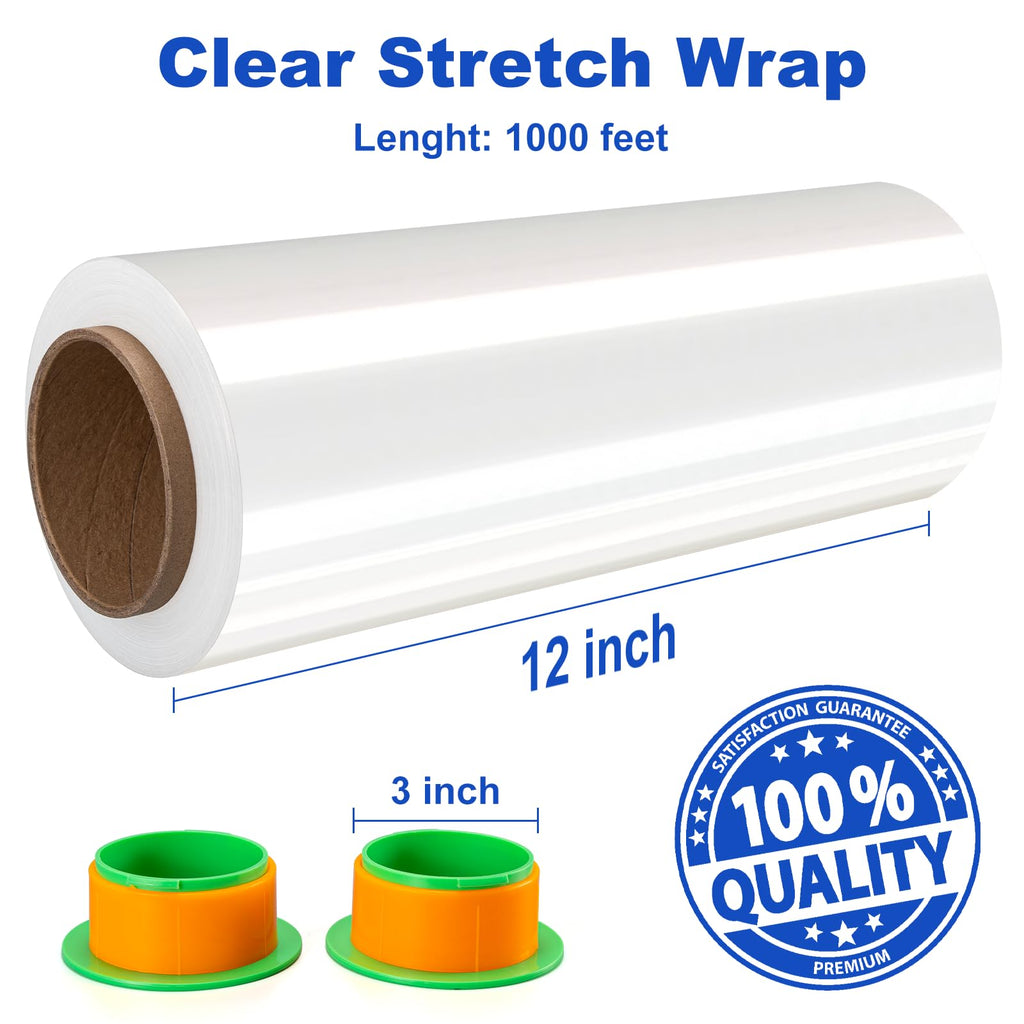 Ealyder Tape 2 Rolls Clear Stretch Wrap 12" x 1000 FT x 80 Gauge, Industrial Heavy Duty Stretch Wrap Shrink Film, Durable Self-Adhering for Packing, Moving, Pallet, Included Wrap Holder