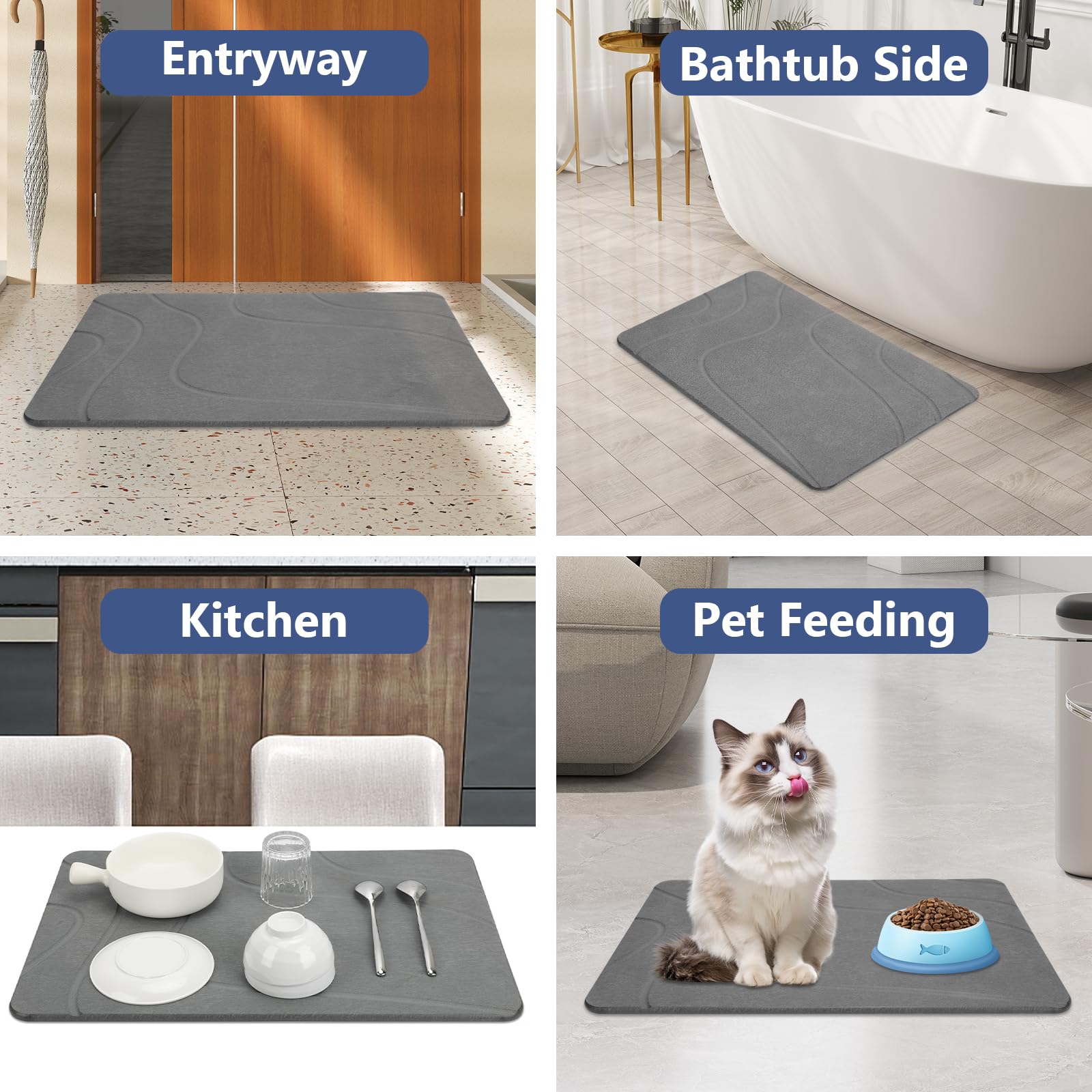 Ceecysaa Stone Bath Mat, Non-Slip Diatomaceous Earth Shower Mat, Quick Drying Bath Mat Stone, Super Absorbent Diatomite Bath Mats for Bathroom Kitchen, Easy to Clean, 60 x 39cm, Dark Gray