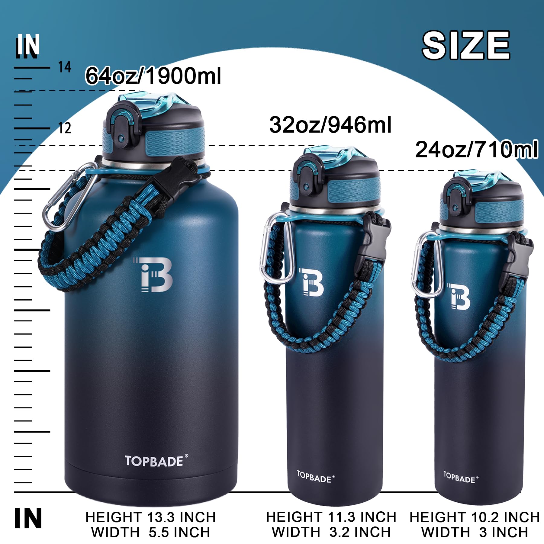 TOPBADE Insulated Water Bottle 64 oz, Double Wall Vacuum Stainless Steel (Cold for 48 Hrs), Leak Proof & BPA-Free, Half Gallon Water Flask Jug with Paracord Handle & Straw Spout Lids