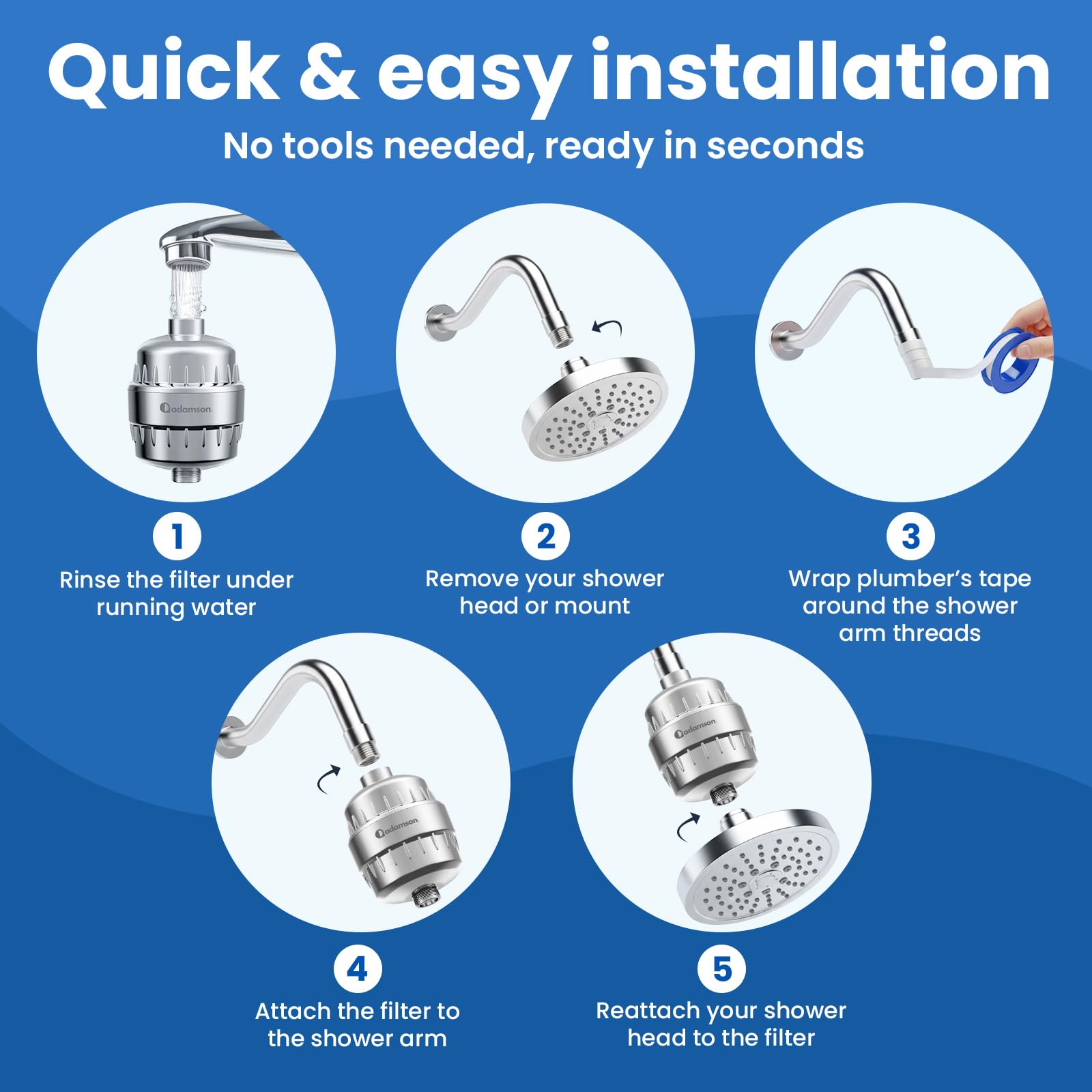 Adamson Shower Filter for Hard Water – 36-Stage High Output Filtered Shower Head/Filtre de Douche, Reduces Chlorine & Heavy Metals – Improves Skin & Hair – Easy Install – Extra Cartridge Included
