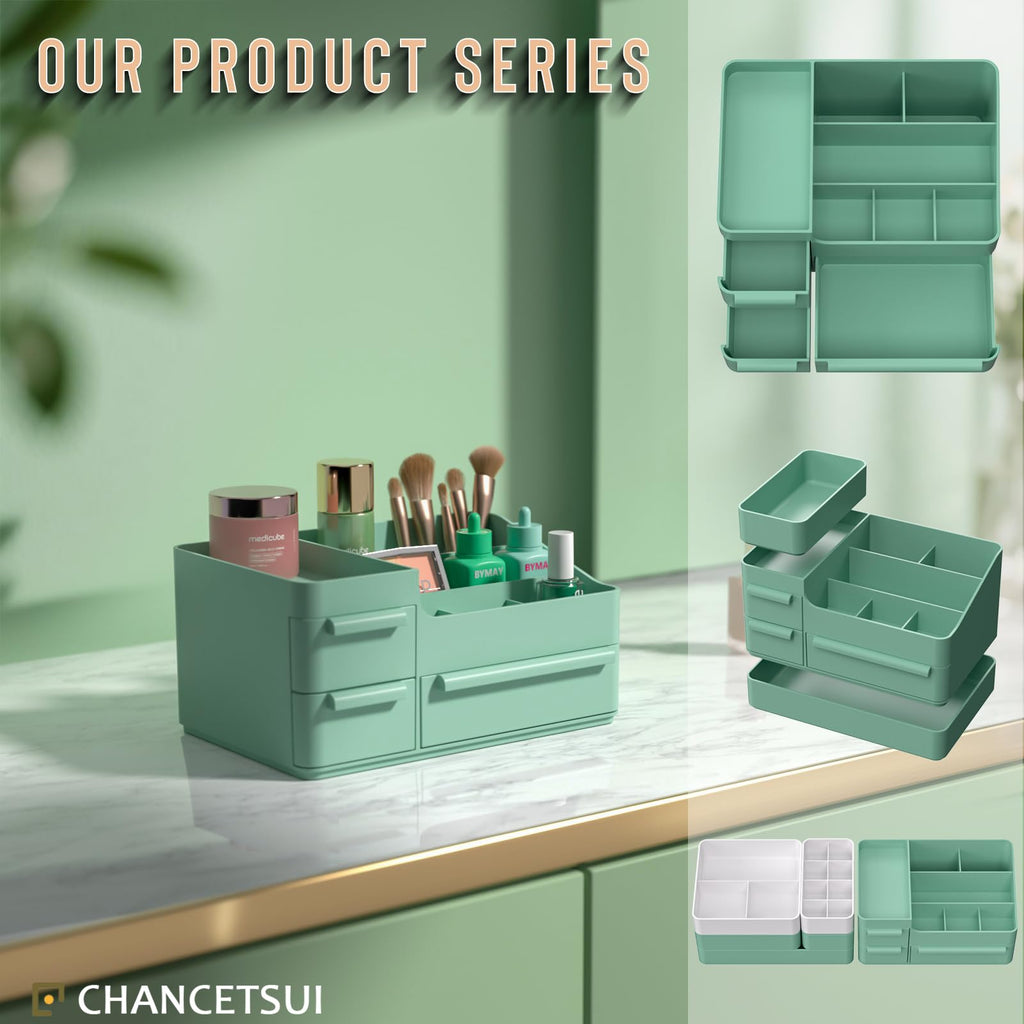 Makeup Organizer With Drawers, Countertop Organizer for Cosmetics, Vanity Holder for Lipstick, Brushes, Lotions, Eyeshadow, Nail Polish and Jewelry (Green)