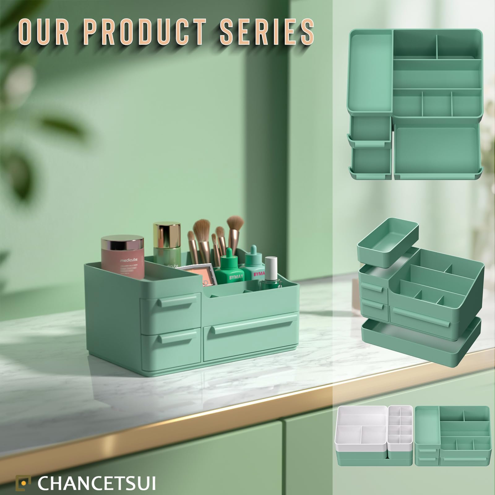 Makeup Organizer With Drawers, Countertop Organizer for Cosmetics, Vanity Holder for Lipstick, Brushes, Lotions, Eyeshadow, Nail Polish and Jewelry (Green)
