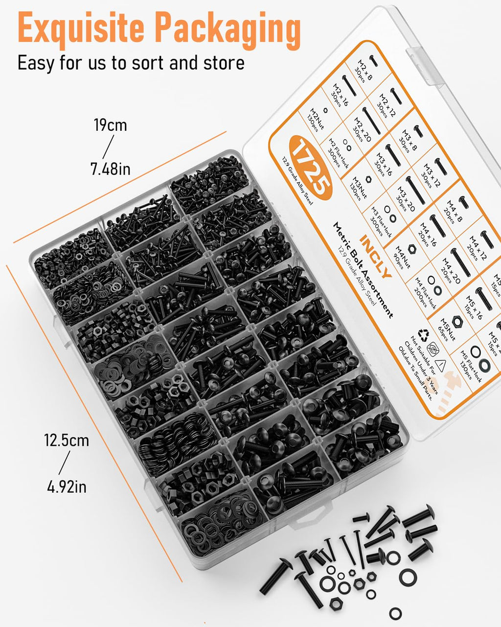 INCLY 1725PCS Metric Screw Assortment Kit, M2 M3 M4 M5 Metric Bolts and Nuts Kit with Lock and Flat Washers,Black Hex Socket Head Cap Alloy Steel Machine Screw Set with Wrench