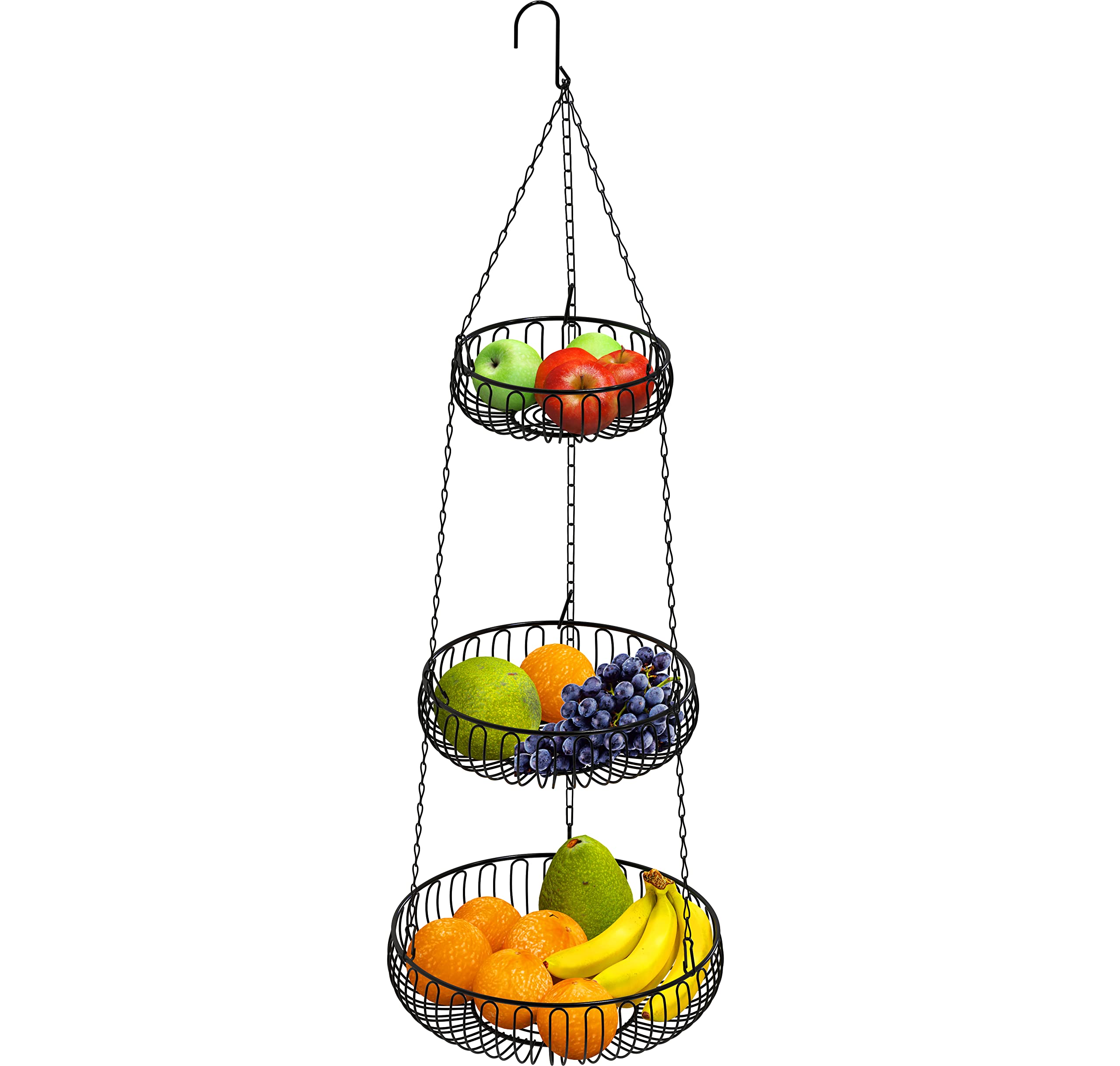 Simple Houseware 3-Tie Hanging Fruit Basket, Oblate, Black