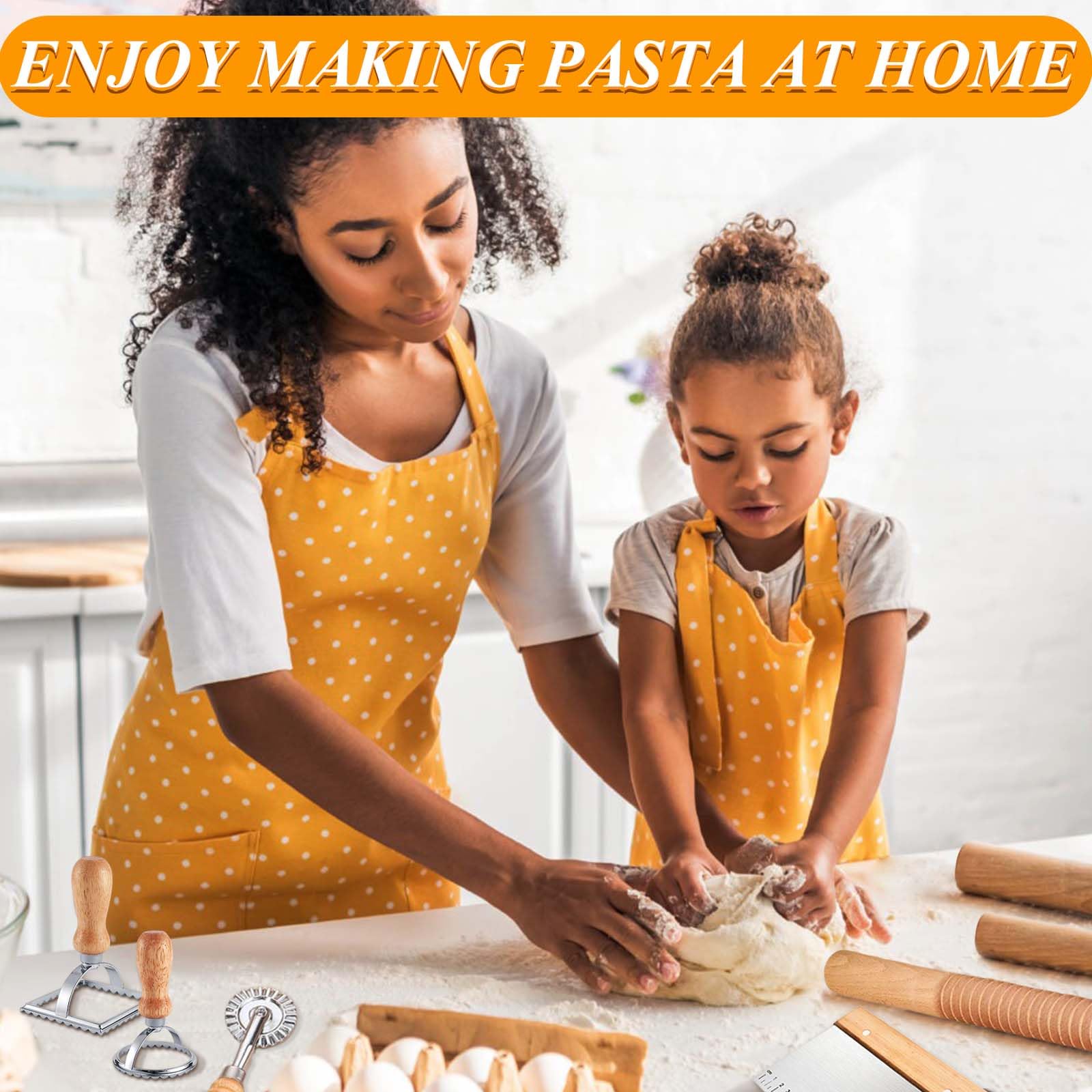 Pasta Making Tools, 9 PCS Wood Pasta Making Kit with 1 Pasta Drying Rack, 3 Rolling Pins, 1 Gnocchi Board, 1 Dough Cutter, 2 Ravioli Stamp Maker Cutter, 1 Ravioli Cutter, Ravioli Pasta Set for Kitchen
