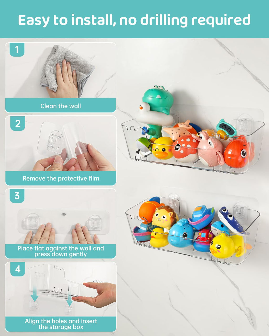 Bath Toy Storage Organizer 2 Pack, Transparent Bath Toy Holder with Drain Holes, Durable Plastic Bathtub Toy Storage for Bathroom, Quick-Dry Shower Caddy Drainable