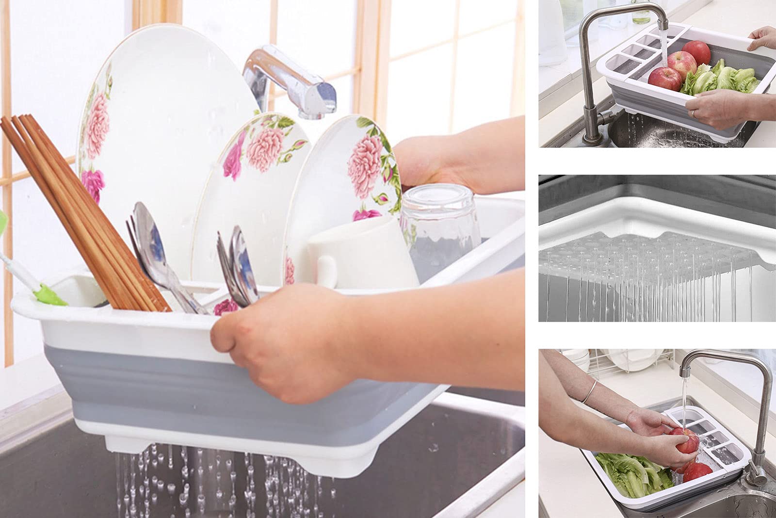 Collapsible Dish Rack and Drainboard Set Foldable Dishes Drying Racks Portable Drainer Dinnerware Organizer Folding Tableware Storage Cutlery Rack for Kitchen Counter RV Camper Accessories