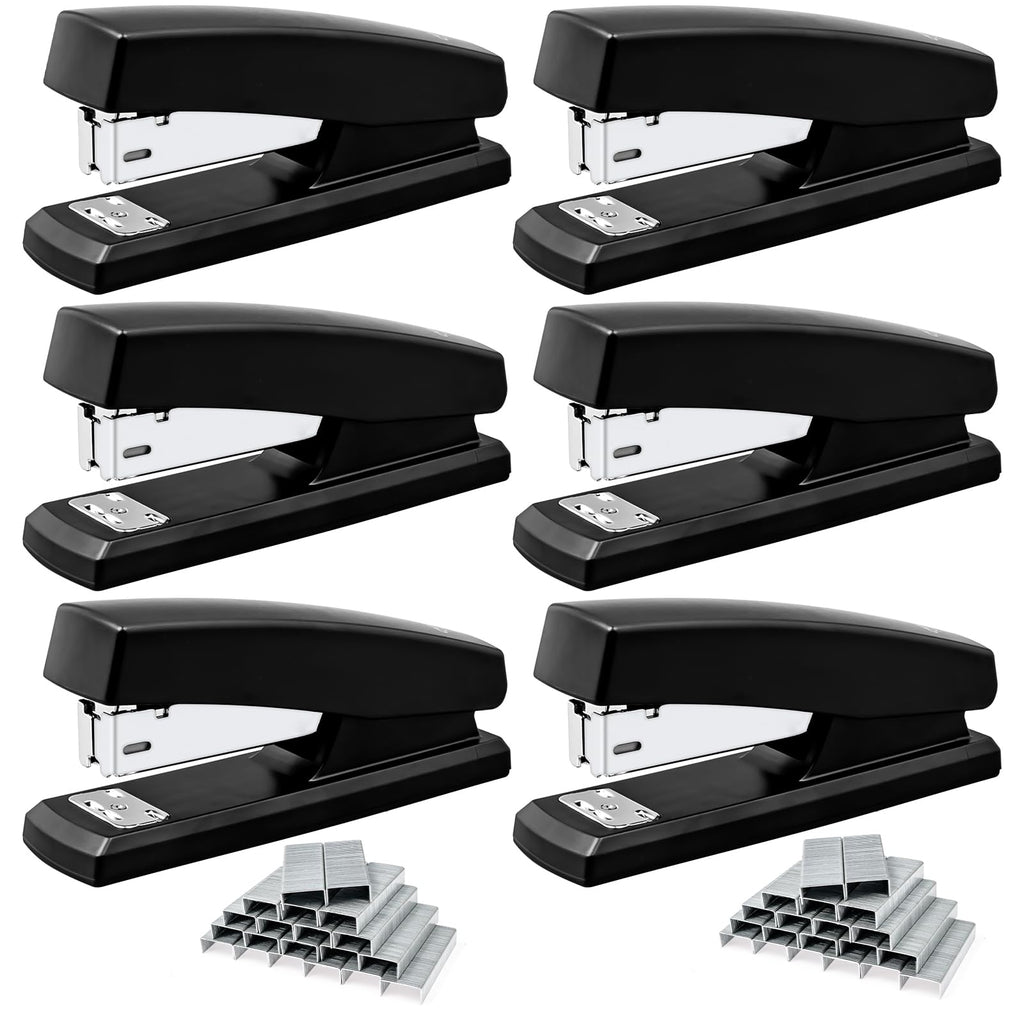 6 Pieces Desktop Staplers with 3000 Staples 24/6 Staples Heavy Duty Office Stapler 2-20 Sheet Capacity Desk Staplers for Student and Office Use (Black)