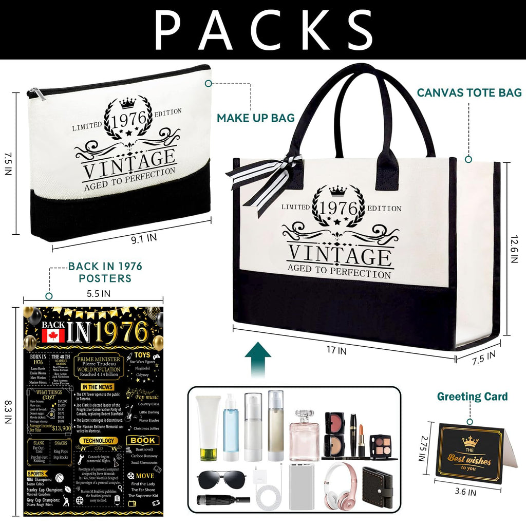 Shellspace 50th Birthday Gifts for Women, Happy 50 Year Old Birthday Gift for Mom Sister Aunt Wife Grandma Friends Her, Unique Gifts Set with Vintage Canvas Tote Bag,Cosmetic Bag,Back in 1976 Poster