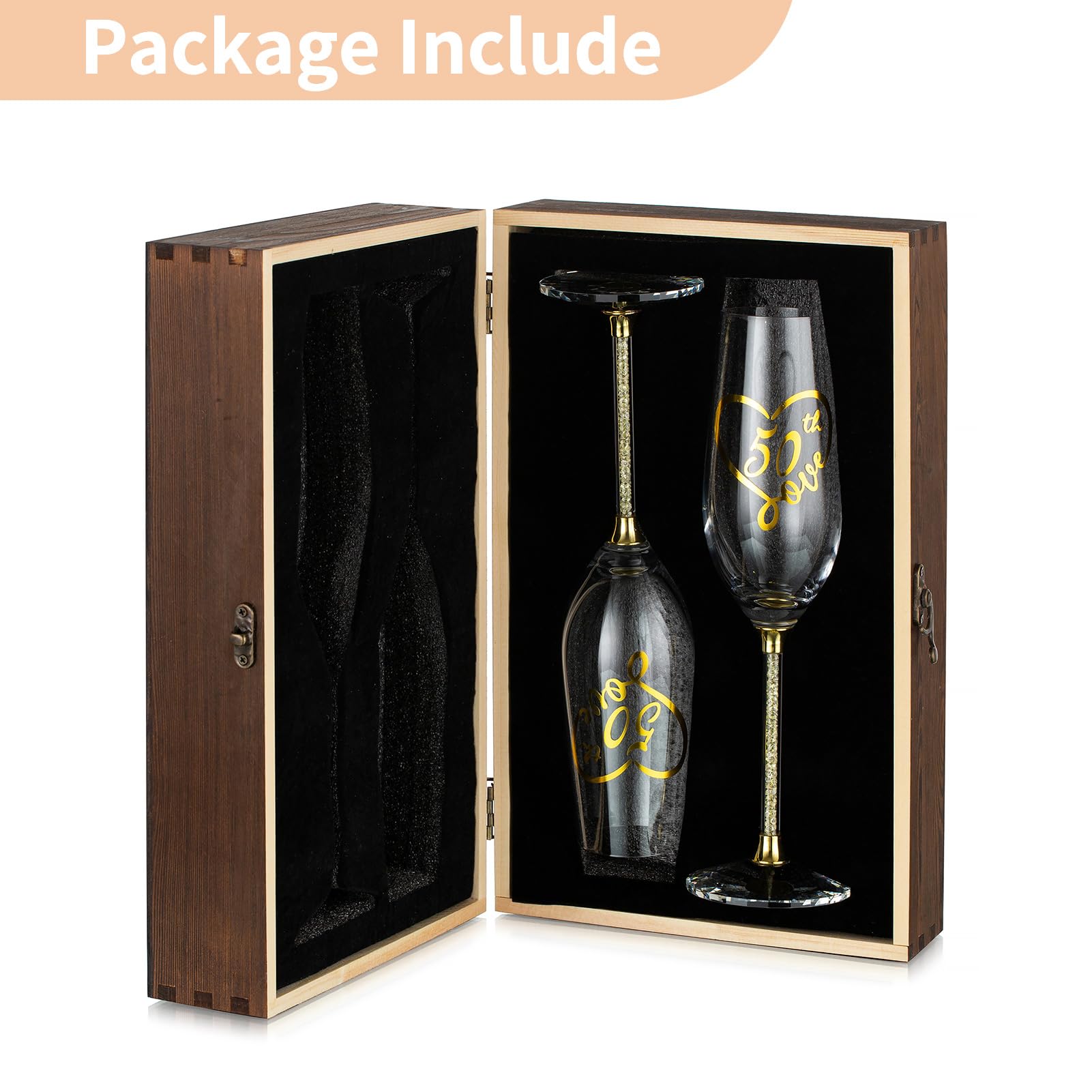 NUPTIO 50th Anniversary Champagne Flutes: Set of 2 Gold Crystal Toasting Glasses with Wooden Gift Box Engraved Wine Glass for Birthday Party Table Decoration Ideal Gifts for Couple Parents His and Her