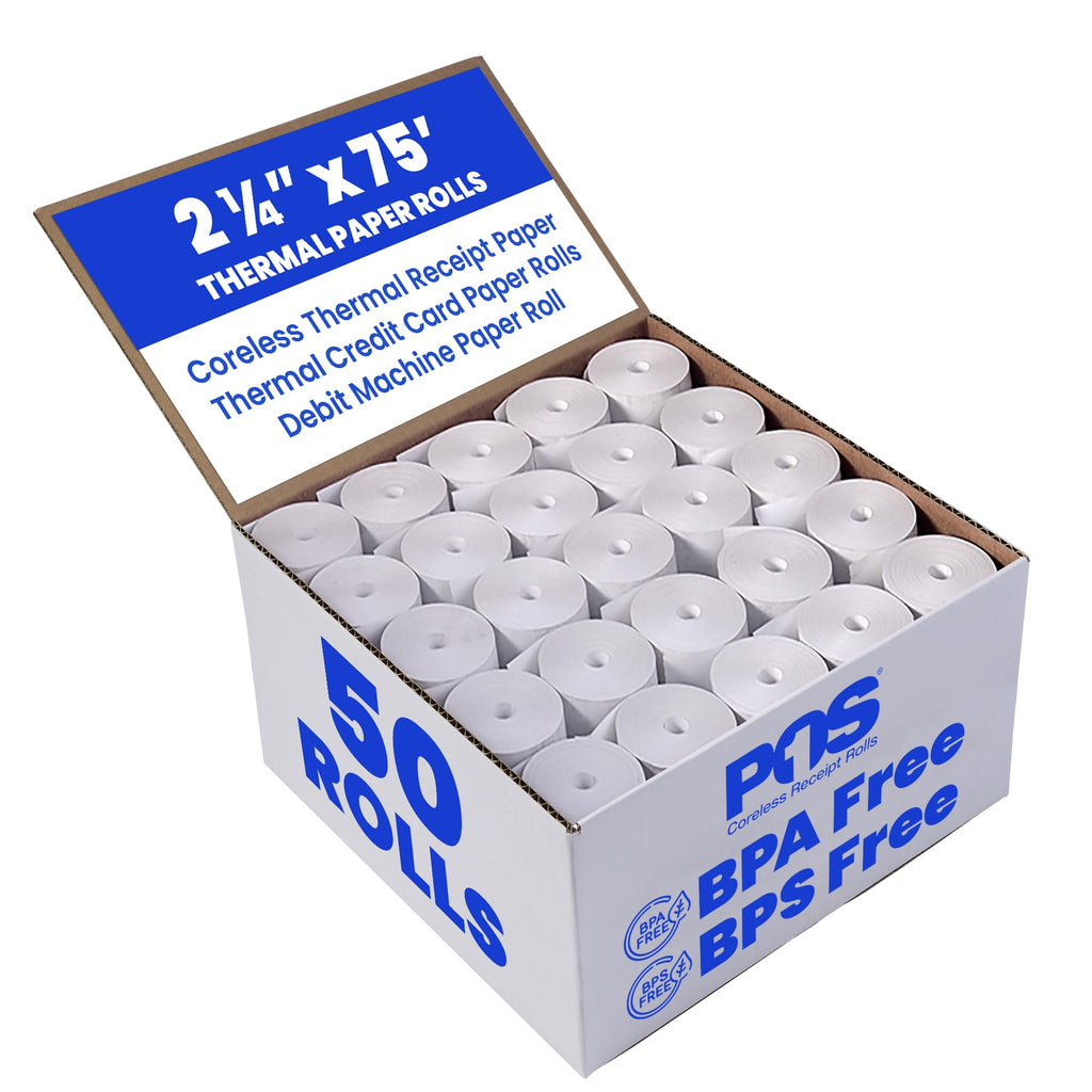 POS1 2 1/4 x 75 feet x 50 Rolls CORELESS BPA Free Thermal Paper Rolls for Handheld Thermal Receipt Paper Printers. 38mm Diameter