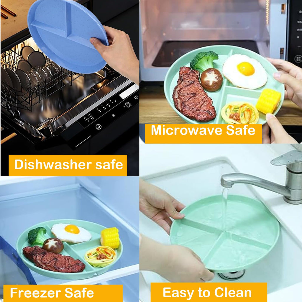 8 Pack Divided Plates 9 Inch Unbreakable Portion Control Plate Sectioned with Dividers, Plastic Food Separator Dinner Plates with 8 Spoons Lightweight Compartment Reusable Microwave Safe