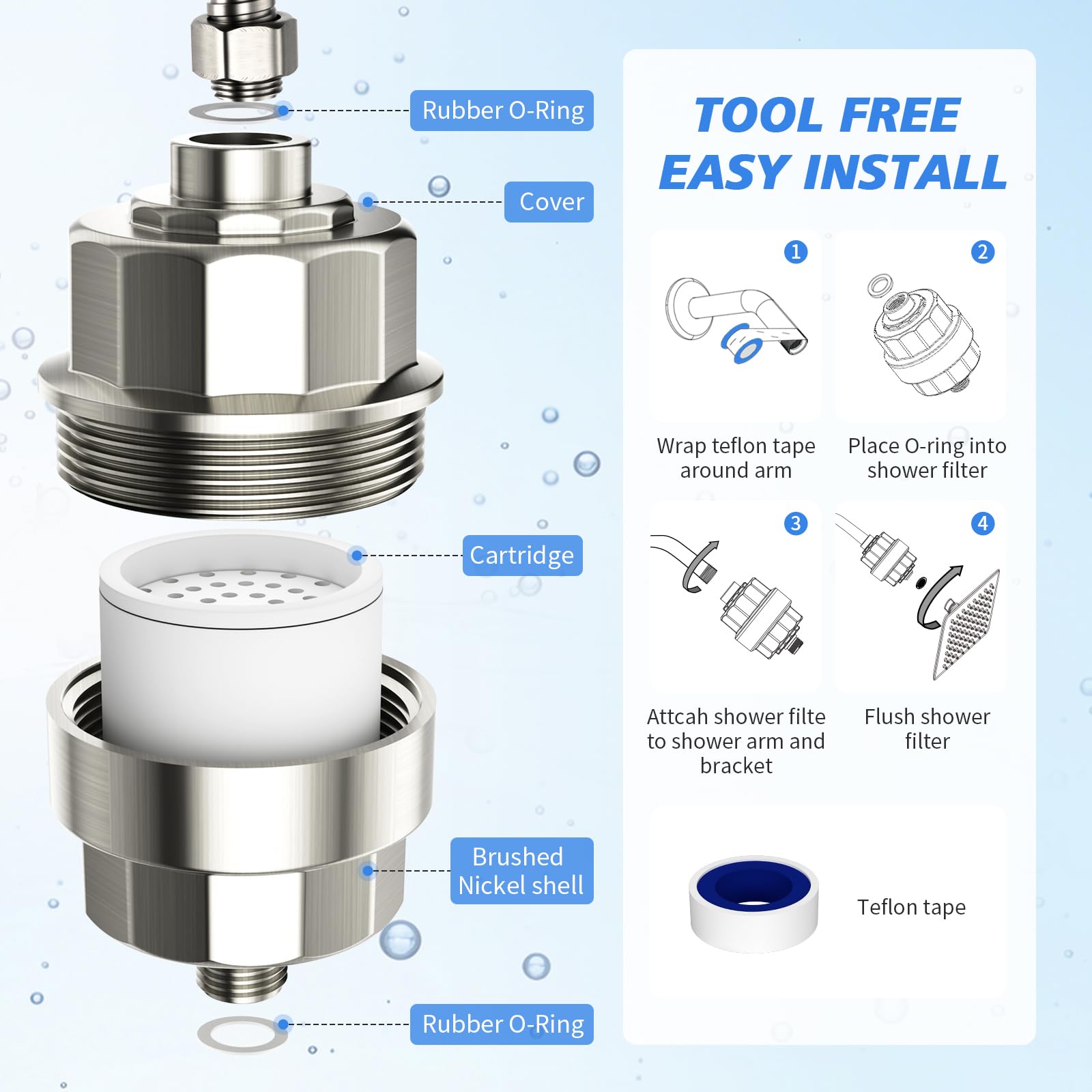 20-Stage Shower Filter-Shower Head Filter for Hard Water, with 1 Replaceable Cartridges, High Output Shower Water Filter for Removing Chlorine and Fluoride, Brushed Nickel