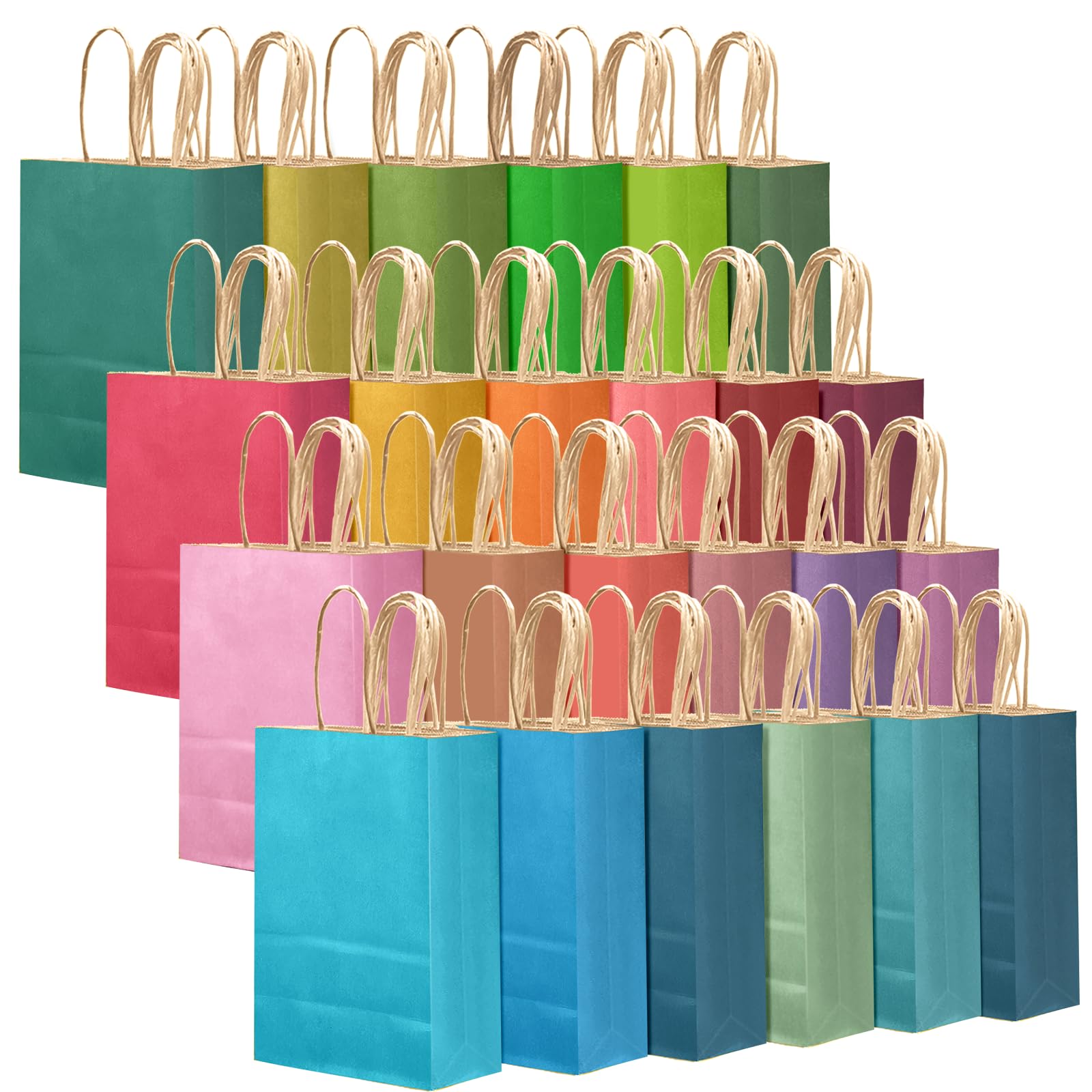 qiqee Medium 24Pcs Paper Gift Bags with Handles - Kraft Colorful Party Bags - 24 Solid Colors（10.6"x8.3"x4.3"）