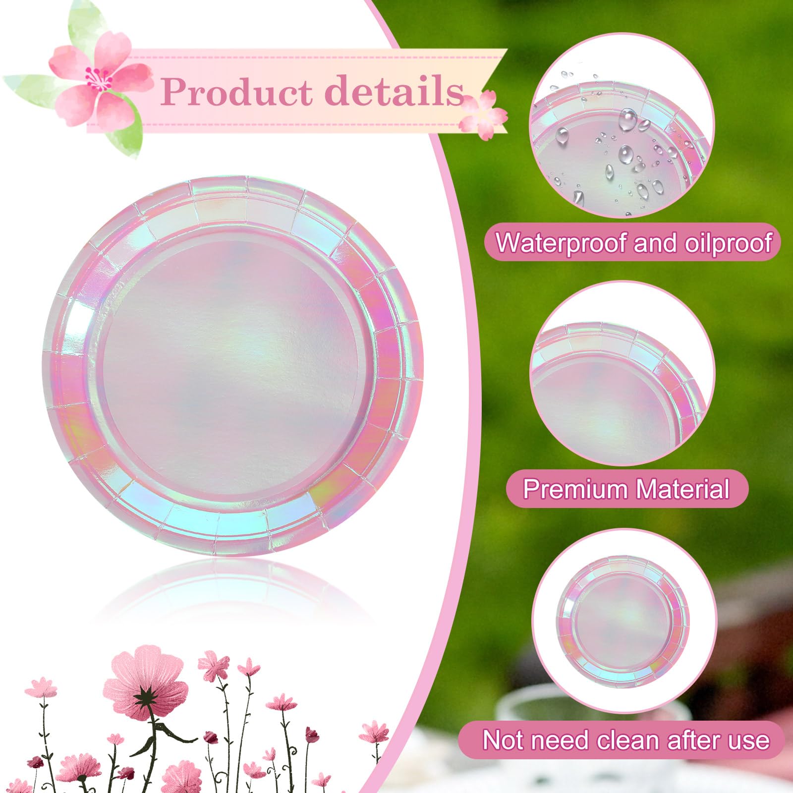 Newtay 50 Pcs Iridescent Pink Paper Plates 7" and 9" Holographic Glitter Round Plates for Birthday Wedding Baby Shower Party Supplies