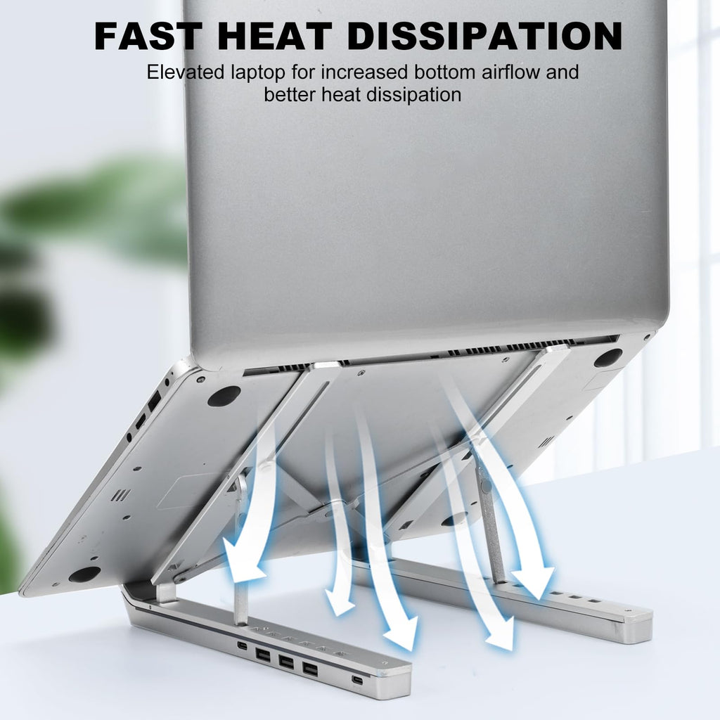 Laptop Stand with USB、Type C and RGB Lights, Aluminum Adjustable Foldable Laptop Stand for Desk, Ergonomic Portable Laptop Riser Holder Compatible with Laptops and iPad 10-15.6", Silver