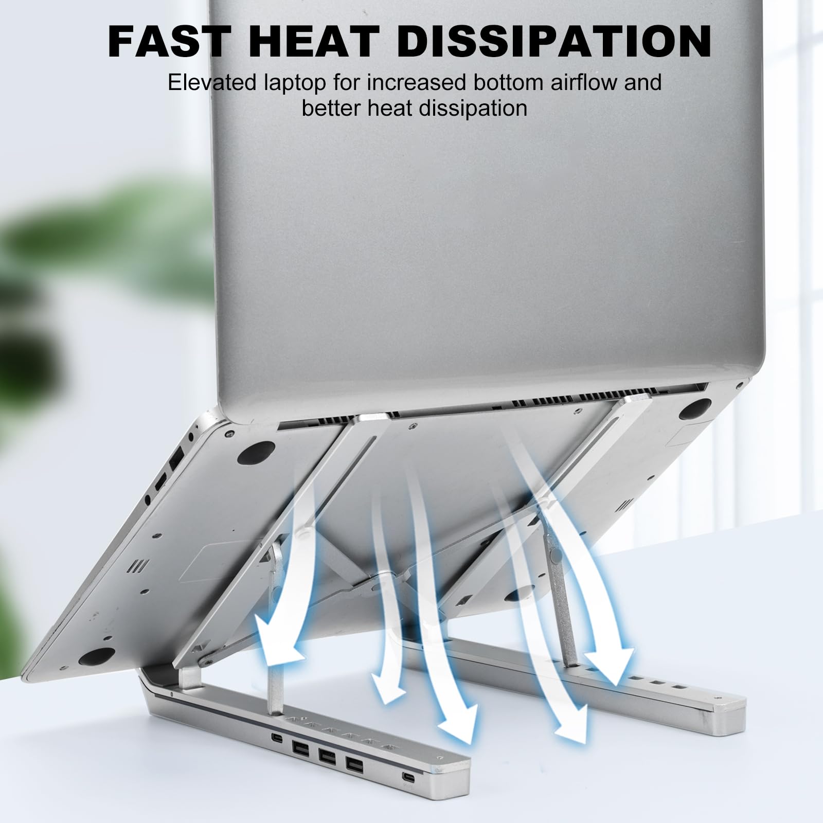 Laptop Stand with USB、Type C and RGB Lights, Aluminum Adjustable Foldable Laptop Stand for Desk, Ergonomic Portable Laptop Riser Holder Compatible with Laptops and iPad 10-15.6", Silver