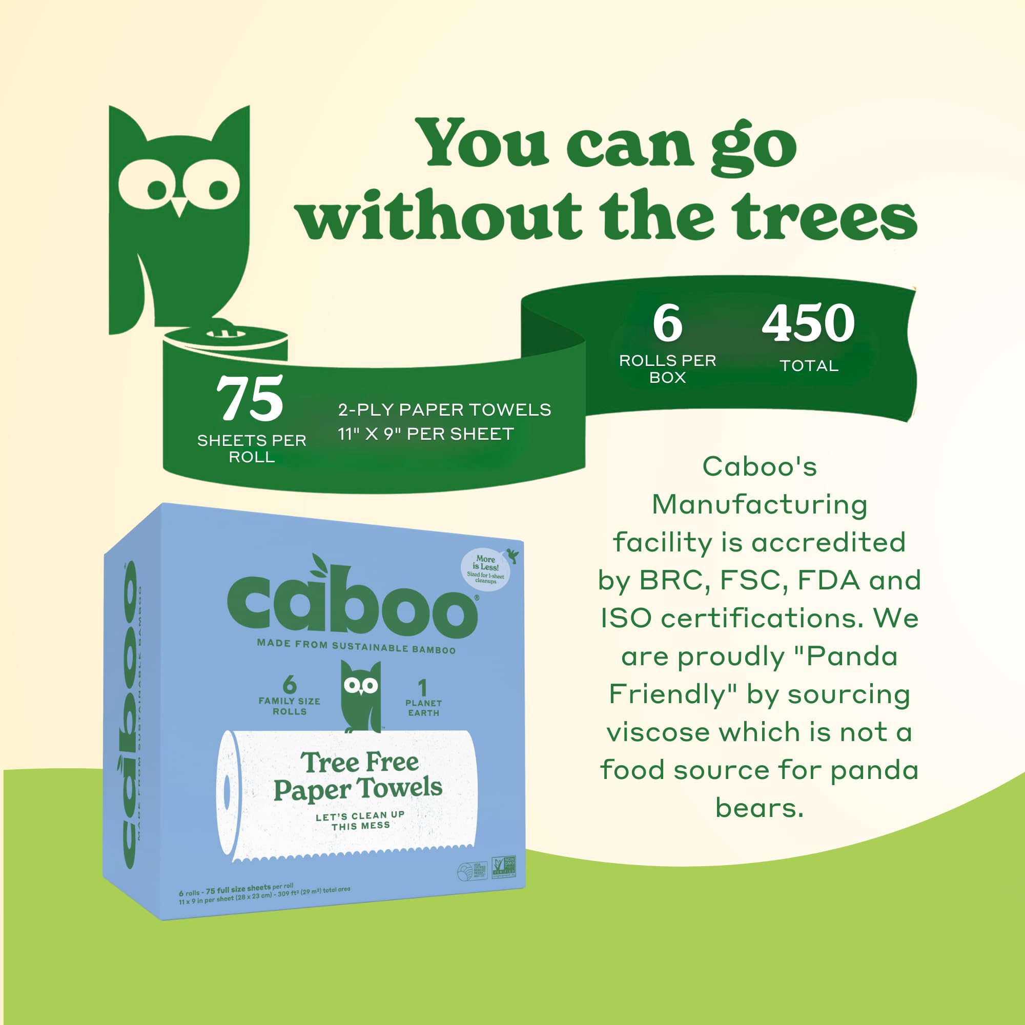 Caboo Tree Free Paper Towels, 6 Rolls, Earth Friendly Sustainable Kitchen Paper Towels with Strong 2 Ply Sheets